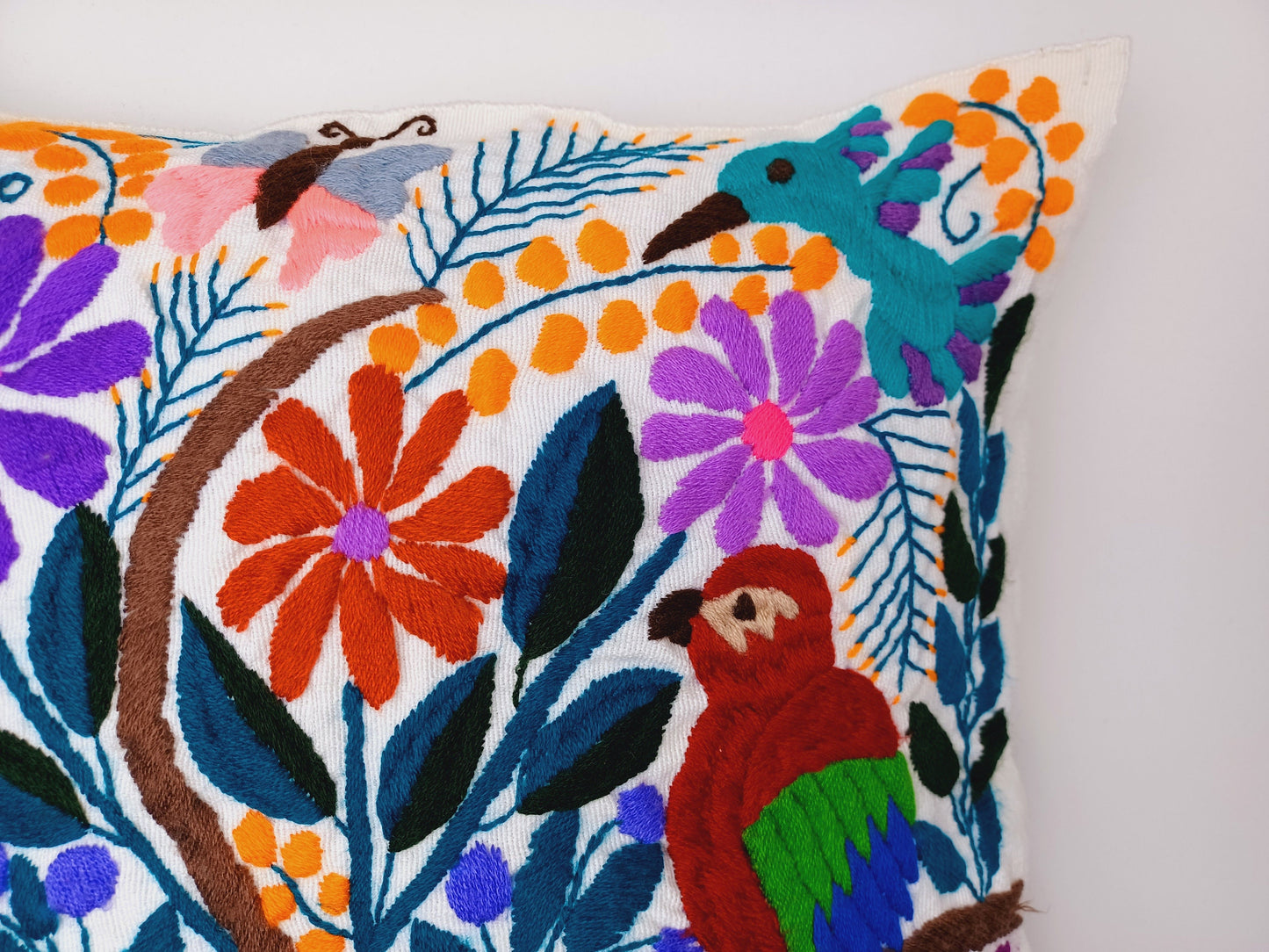 Housse de coussin fait main mexicaine, motif broderie animaux et plantes, housse de coussin bohème