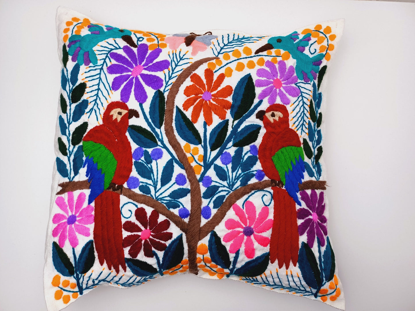 Housse de coussin fait main mexicaine, motif broderie animaux et plantes, housse de coussin bohème