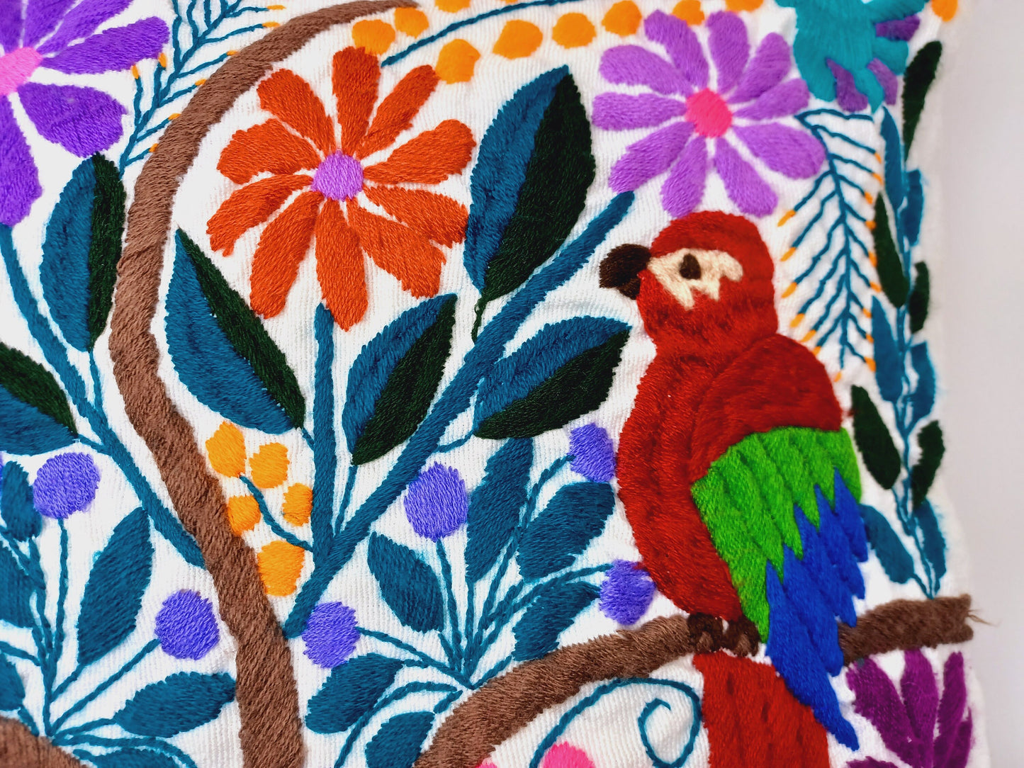 Housse de coussin fait main mexicaine, motif broderie animaux et plantes, housse de coussin bohème