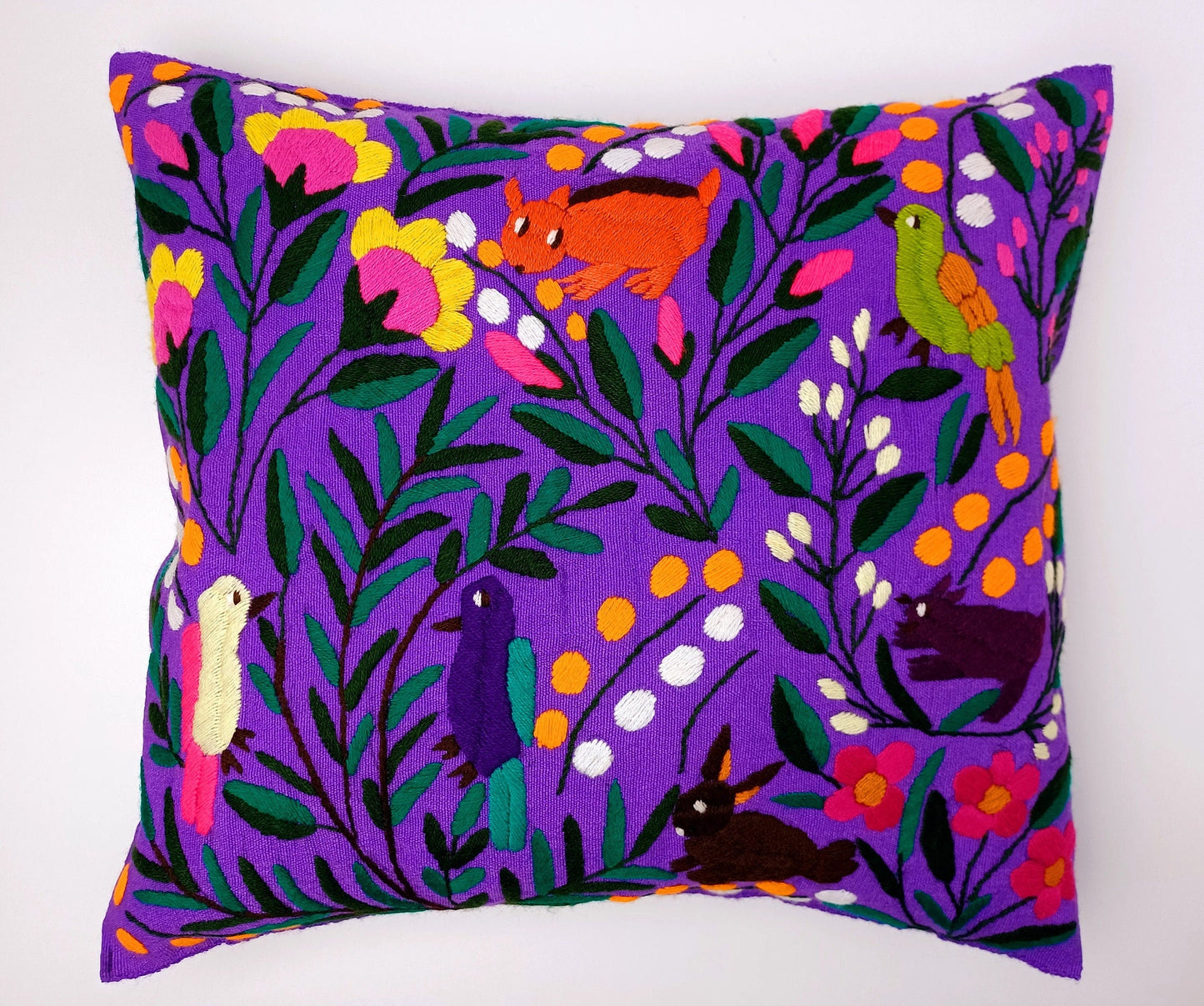 Housse de coussin motif animalier brodée à la main mexicaine, coussin motif oiseau, tropical