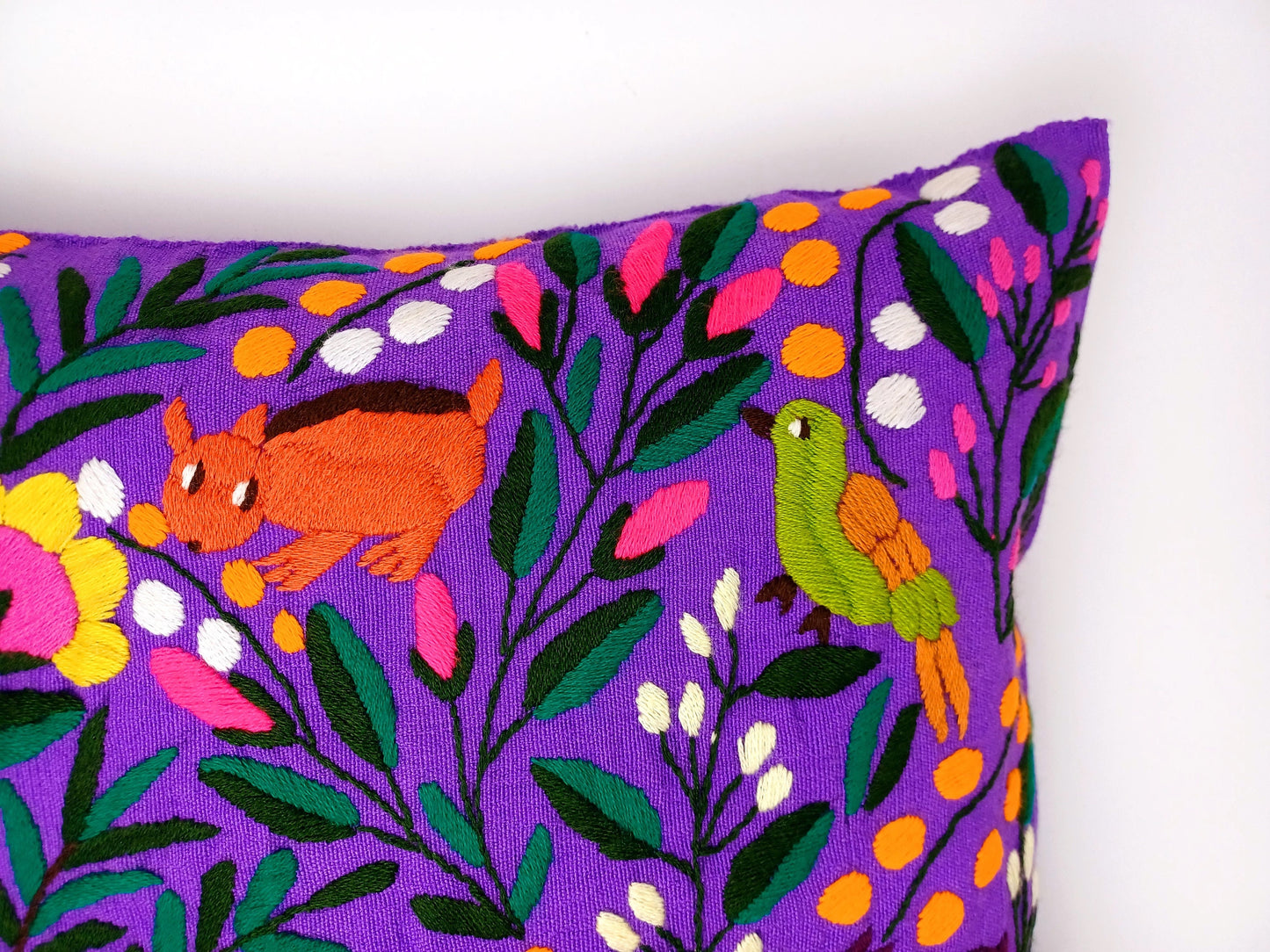 Housse de coussin motif animalier brodée à la main mexicaine, coussin motif oiseau, tropical