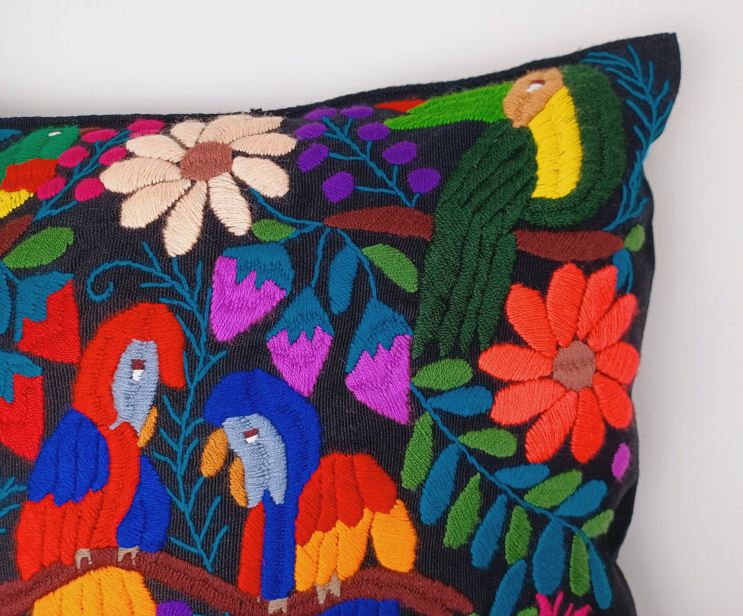 Coussin de canapé décoratif mexicain avec motifs d'animaux tissés et brodés à la main