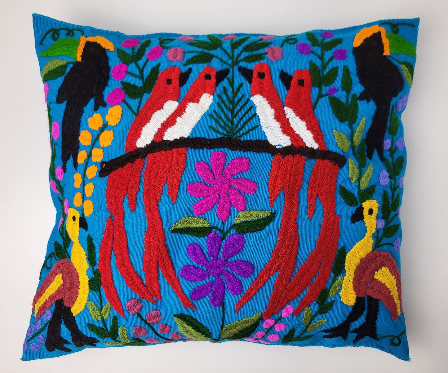 Housse de coussin fait main mexicaine, motif broderie animaux et plantes, housse de coussin bohème
