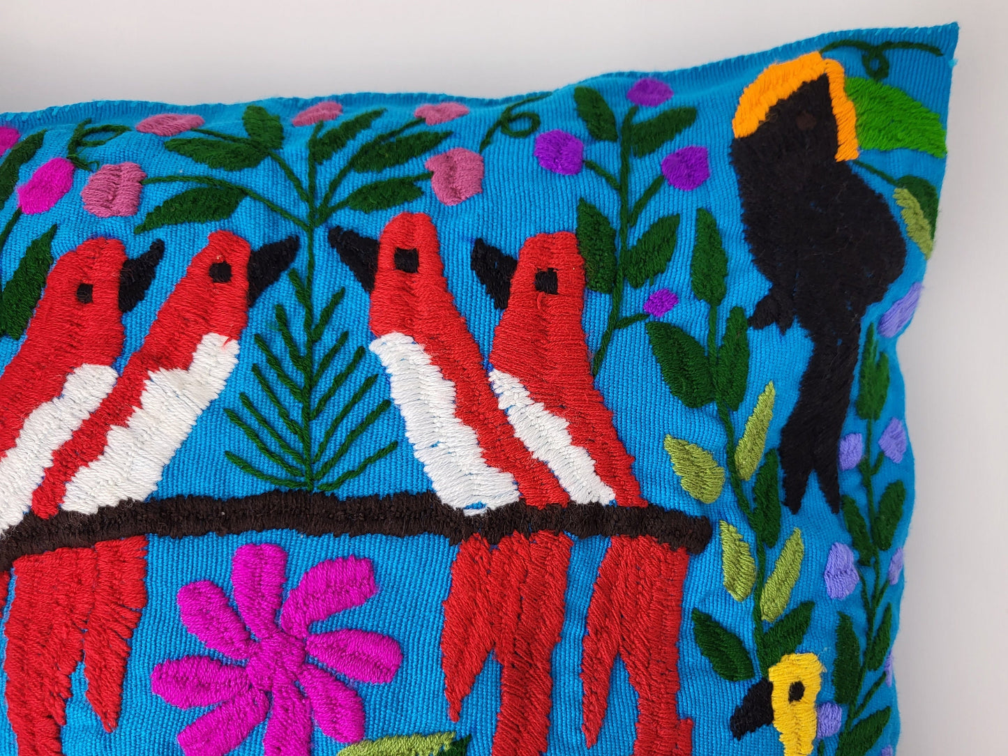 Housse de coussin fait main mexicaine, motif broderie animaux et plantes, housse de coussin bohème