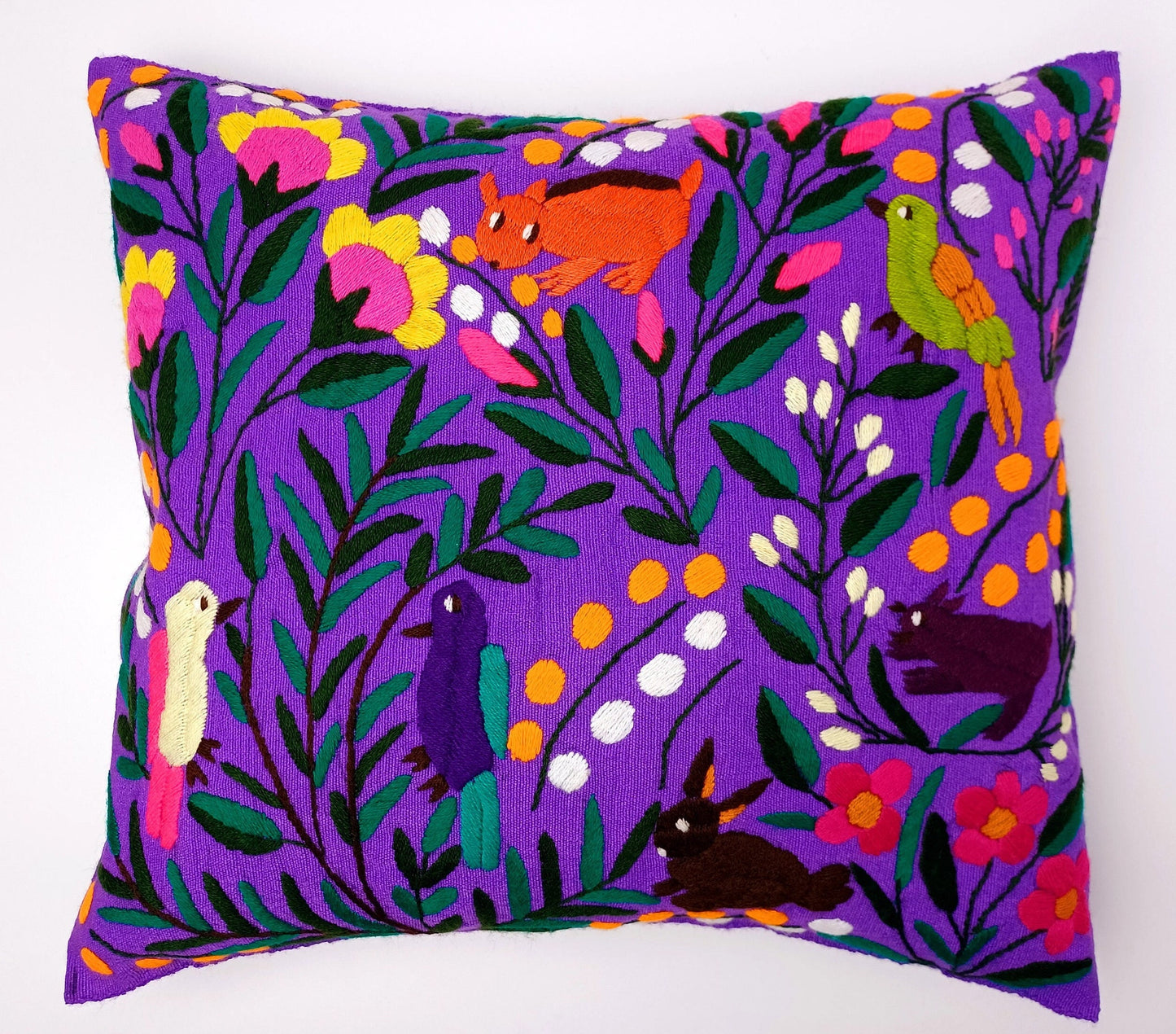 Housse de coussin motif animalier brodée à la main mexicaine, coussin motif oiseau, tropical