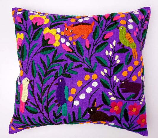 Housse de coussin motif animalier brodée à la main mexicaine, coussin motif oiseau, tropical