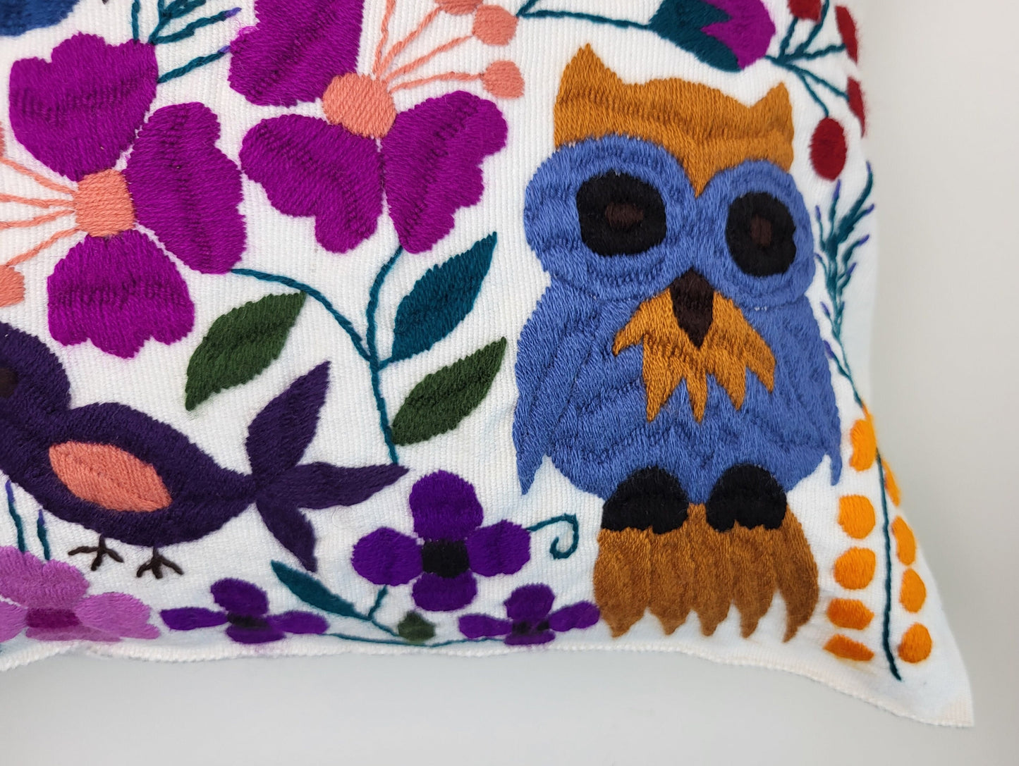 Housse de coussin fait main mexicaine, motif broderie animaux et plantes, housse de coussin bohème