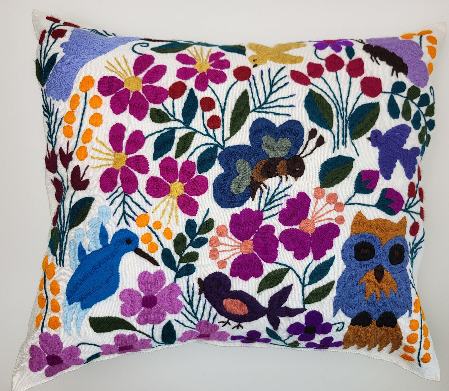 Housse de coussin fait main mexicaine, motif broderie animaux et plantes, housse de coussin bohème