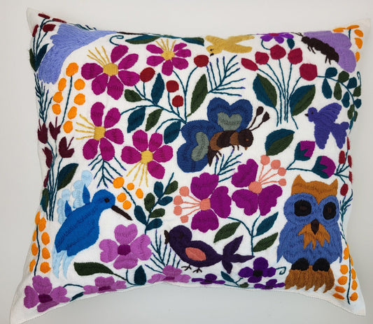 Mexican handmade pillow cover, animal and plant embroidery pattern, boho cushion cover