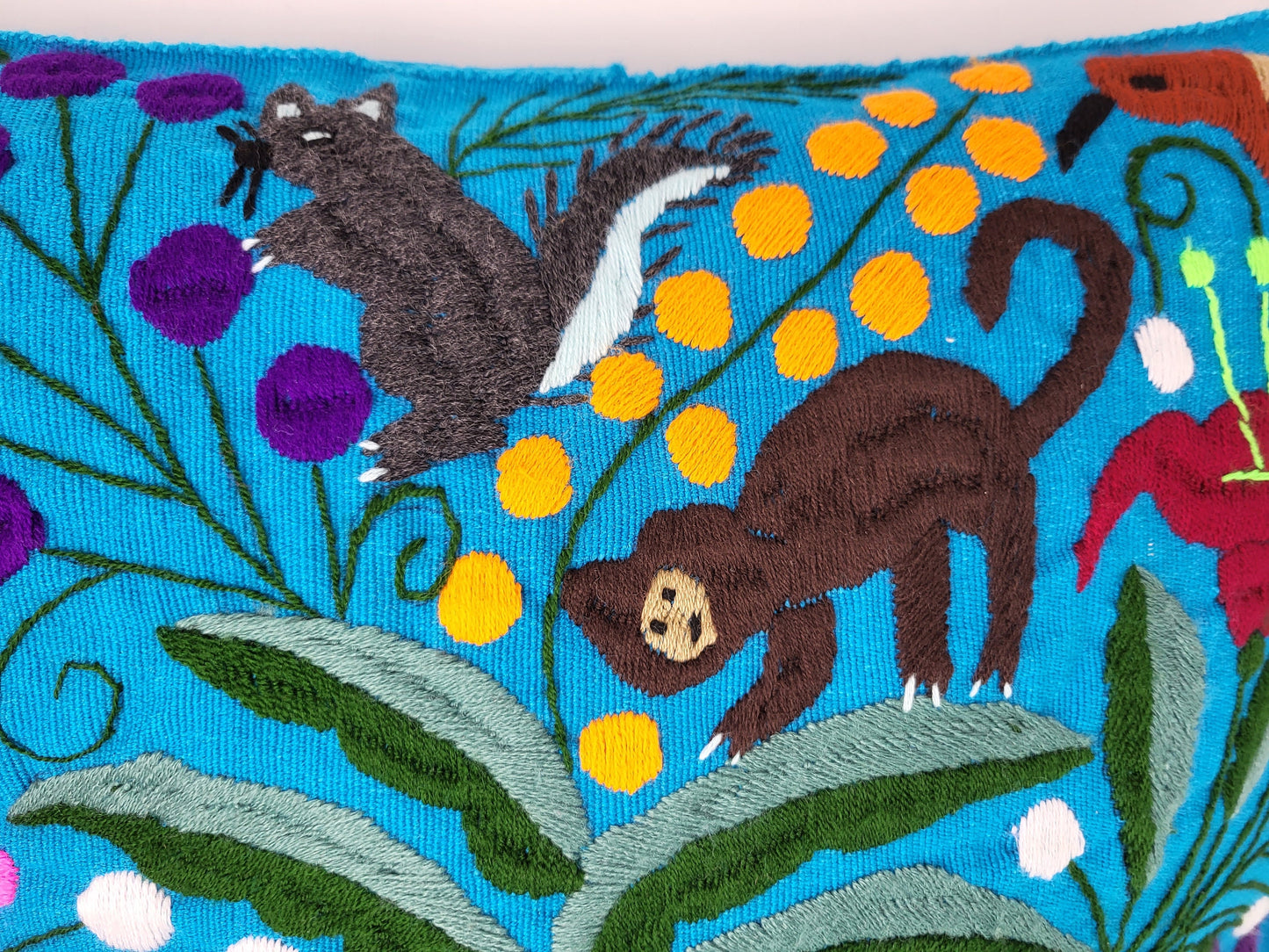 Mexican handmade pillow cover, animal and plant embroidery pattern, boho cushion cover