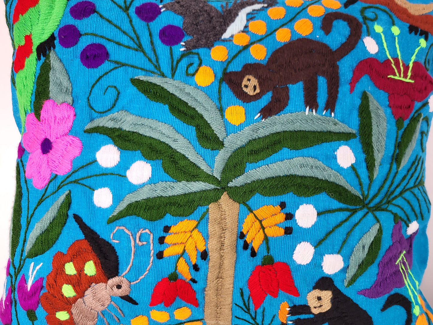Mexican handmade pillow cover, animal and plant embroidery pattern, boho cushion cover