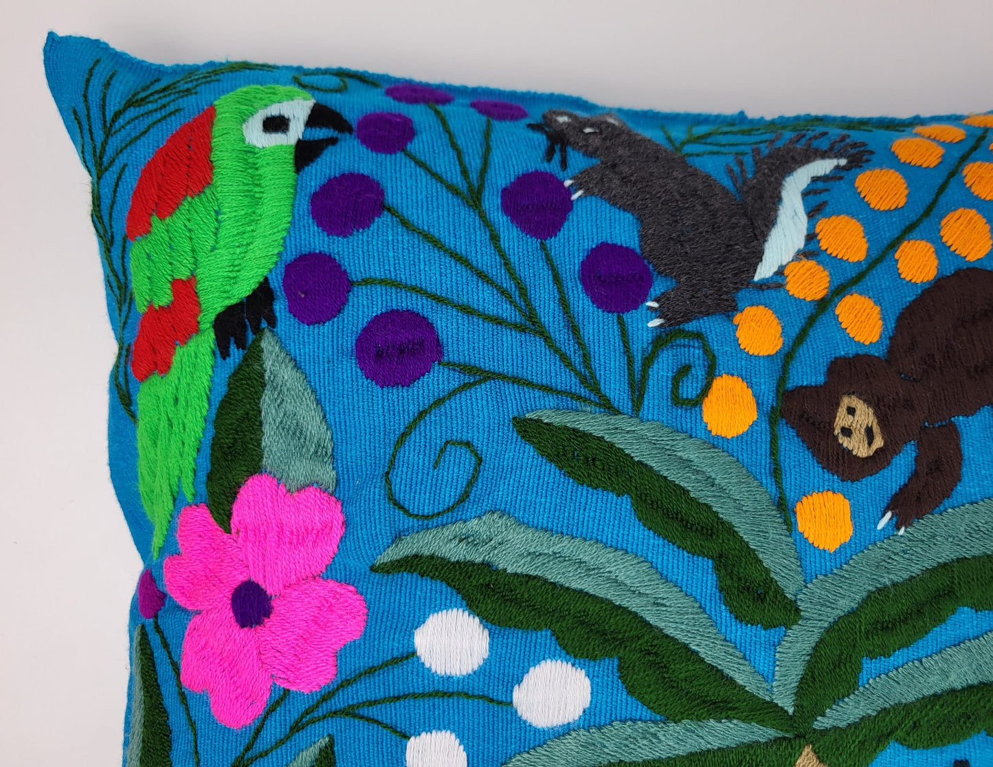 Mexican handmade pillow cover, animal and plant embroidery pattern, boho cushion cover