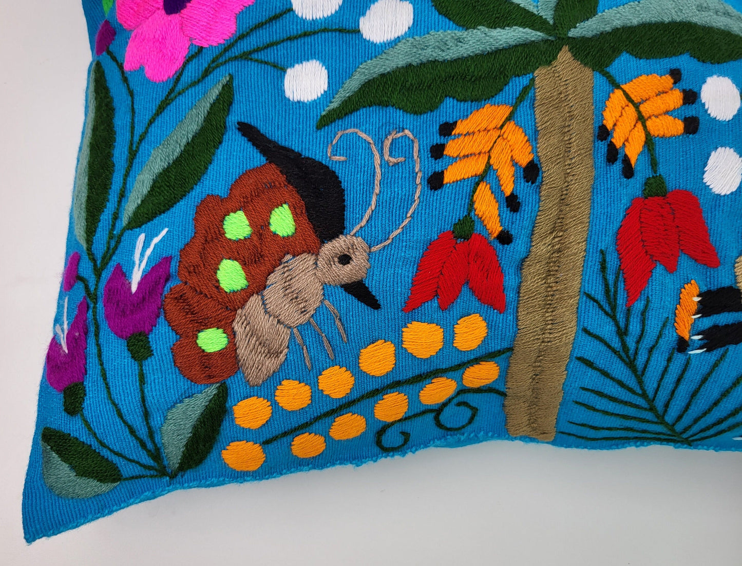 Mexican handmade pillow cover, animal and plant embroidery pattern, boho cushion cover