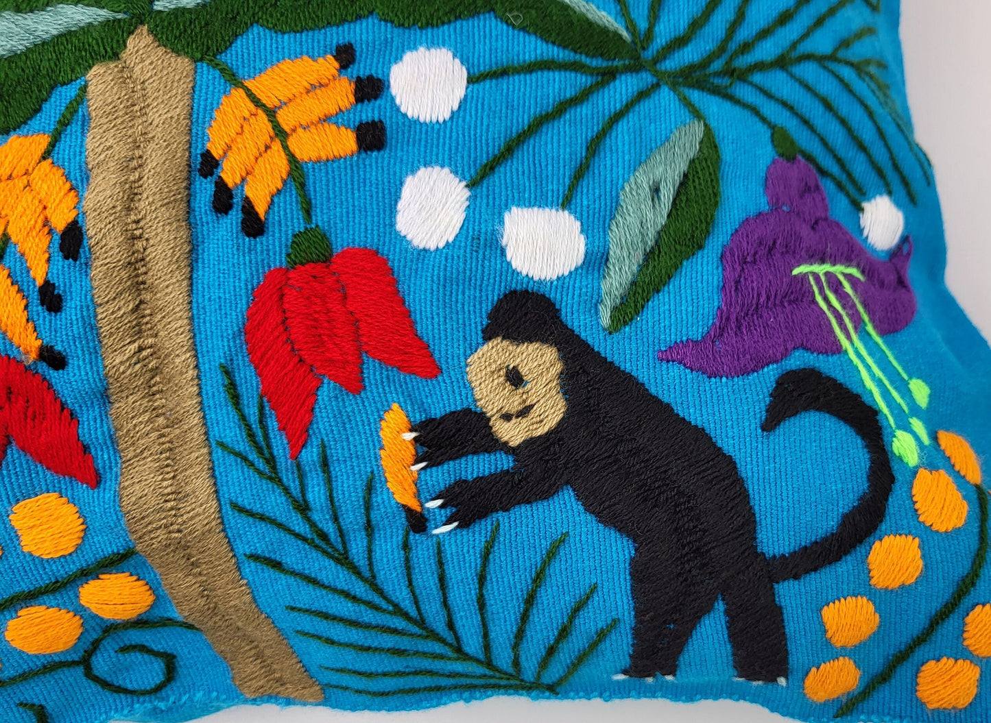 Mexican handmade pillow cover, animal and plant embroidery pattern, boho cushion cover