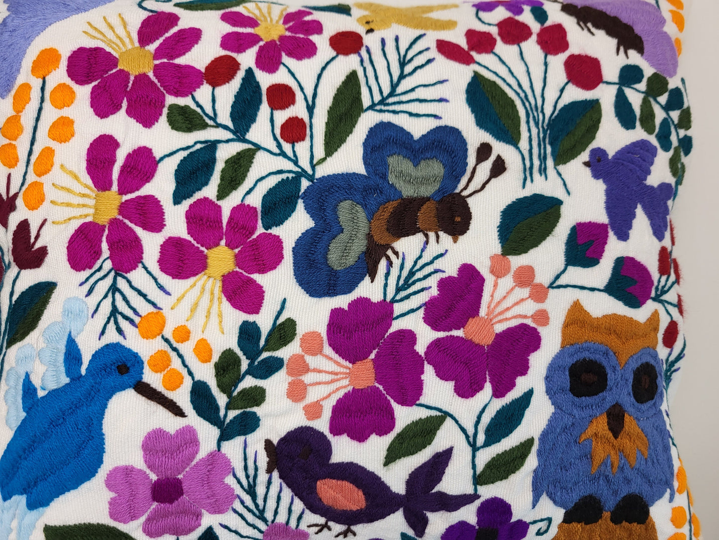 Housse de coussin fait main mexicaine, motif broderie animaux et plantes, housse de coussin bohème