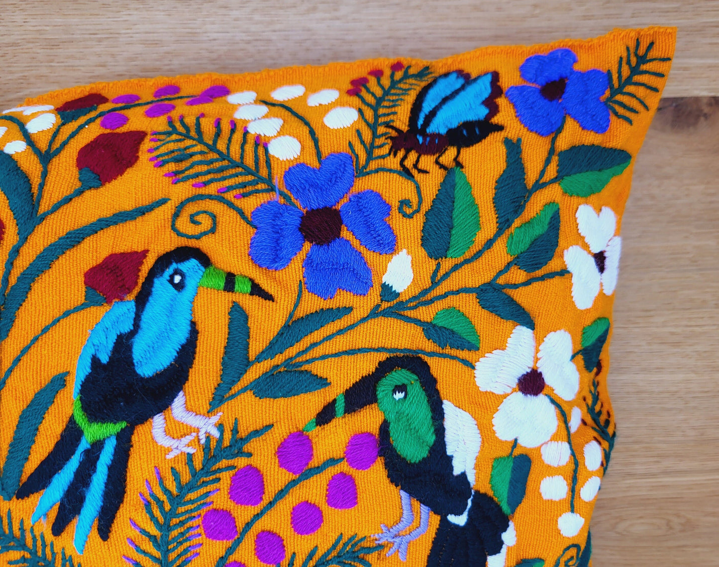 Animal print cushion, hand embroidered and woven in Mexico by indigenous women