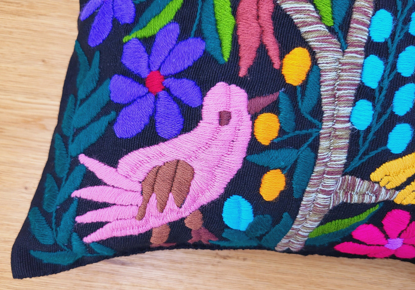 Animal print cushion, hand embroidered and woven in Mexico by indigenous women
