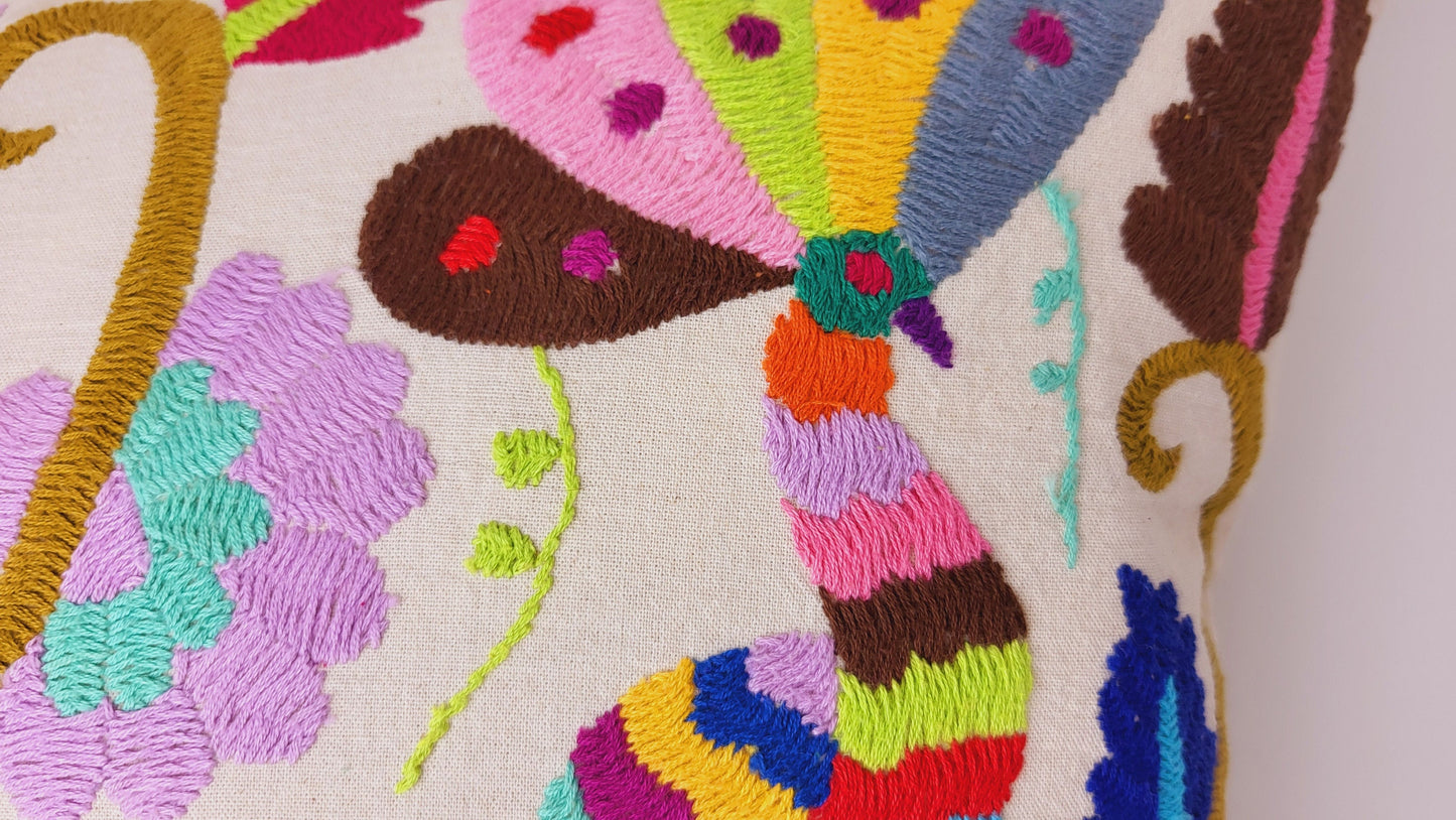 Mexican hand embroidered cushion cover from Tenango de Doria Hidalgo, Otomi cushion