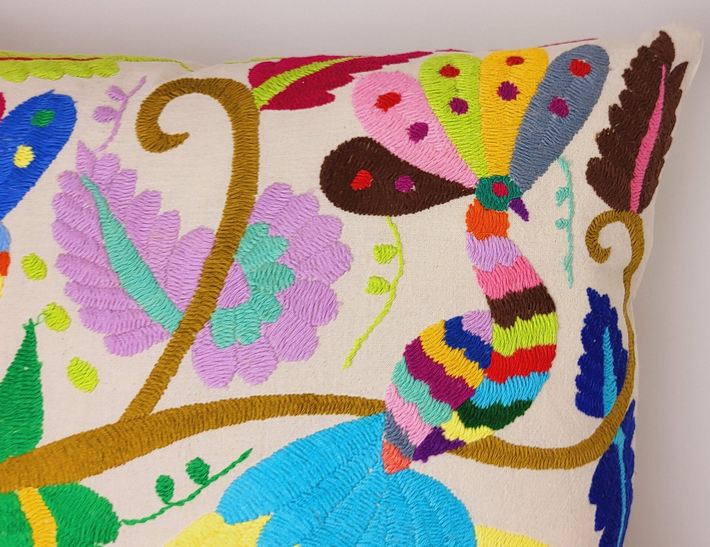 Mexican hand embroidered cushion cover from Tenango de Doria Hidalgo, Otomi cushion
