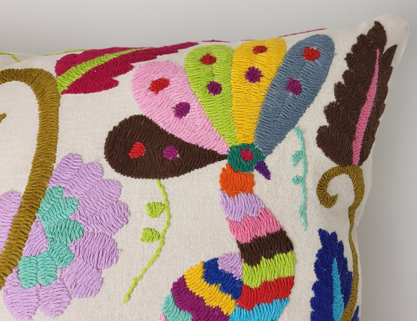 Mexican hand embroidered cushion cover from Tenango de Doria Hidalgo, Otomi cushion