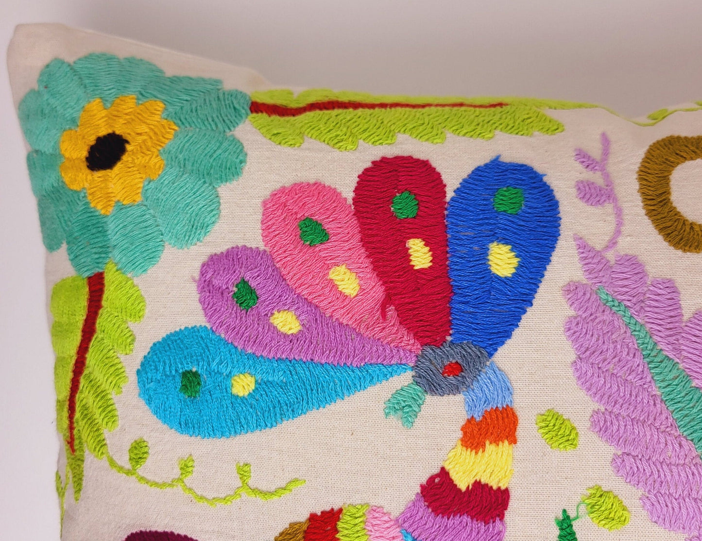 Mexican hand embroidered cushion cover from Tenango de Doria Hidalgo, Otomi cushion