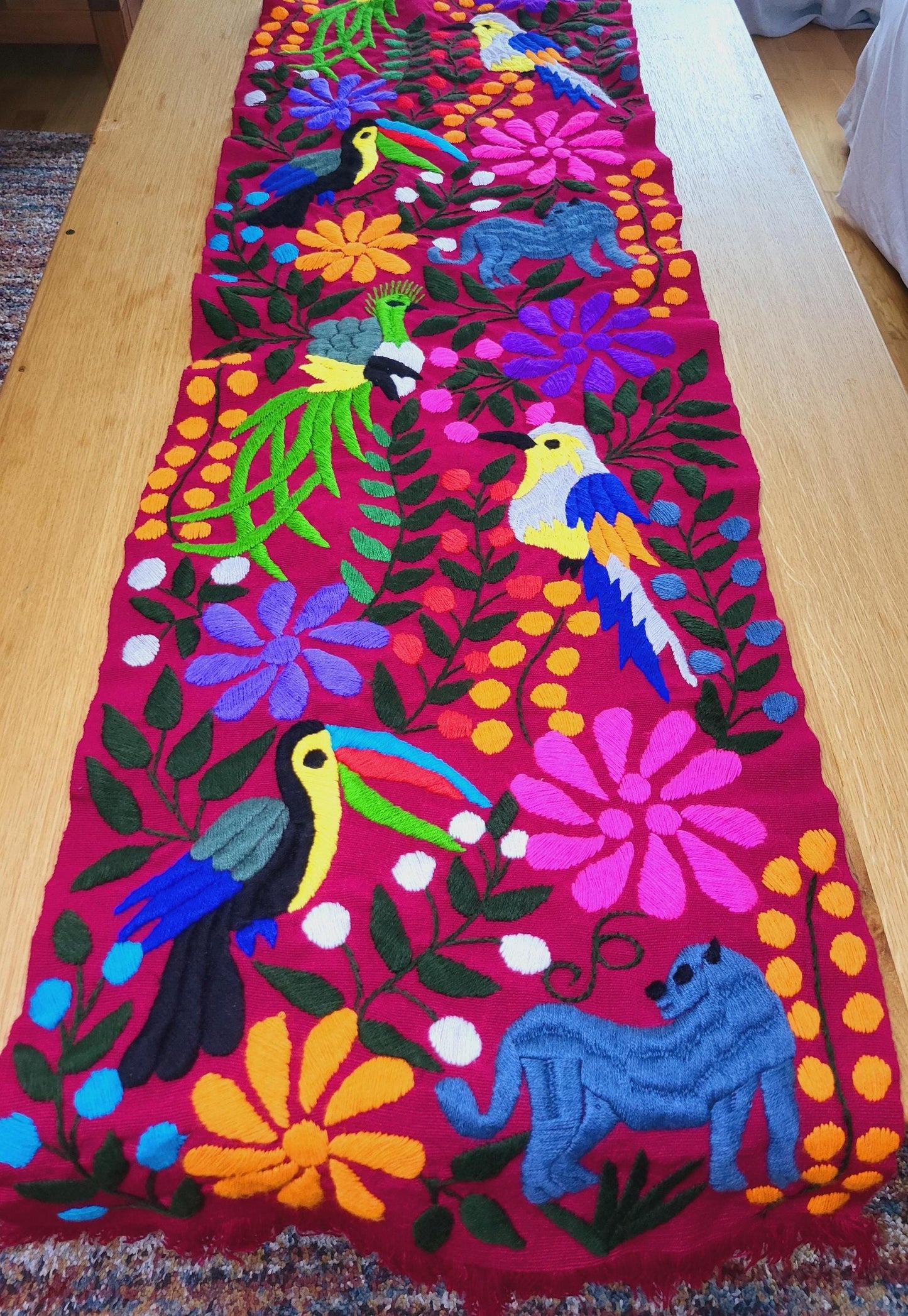 Coureur de table mexicain tissé à la main et brodé, coureur de table à motif animalier, tenture murale
