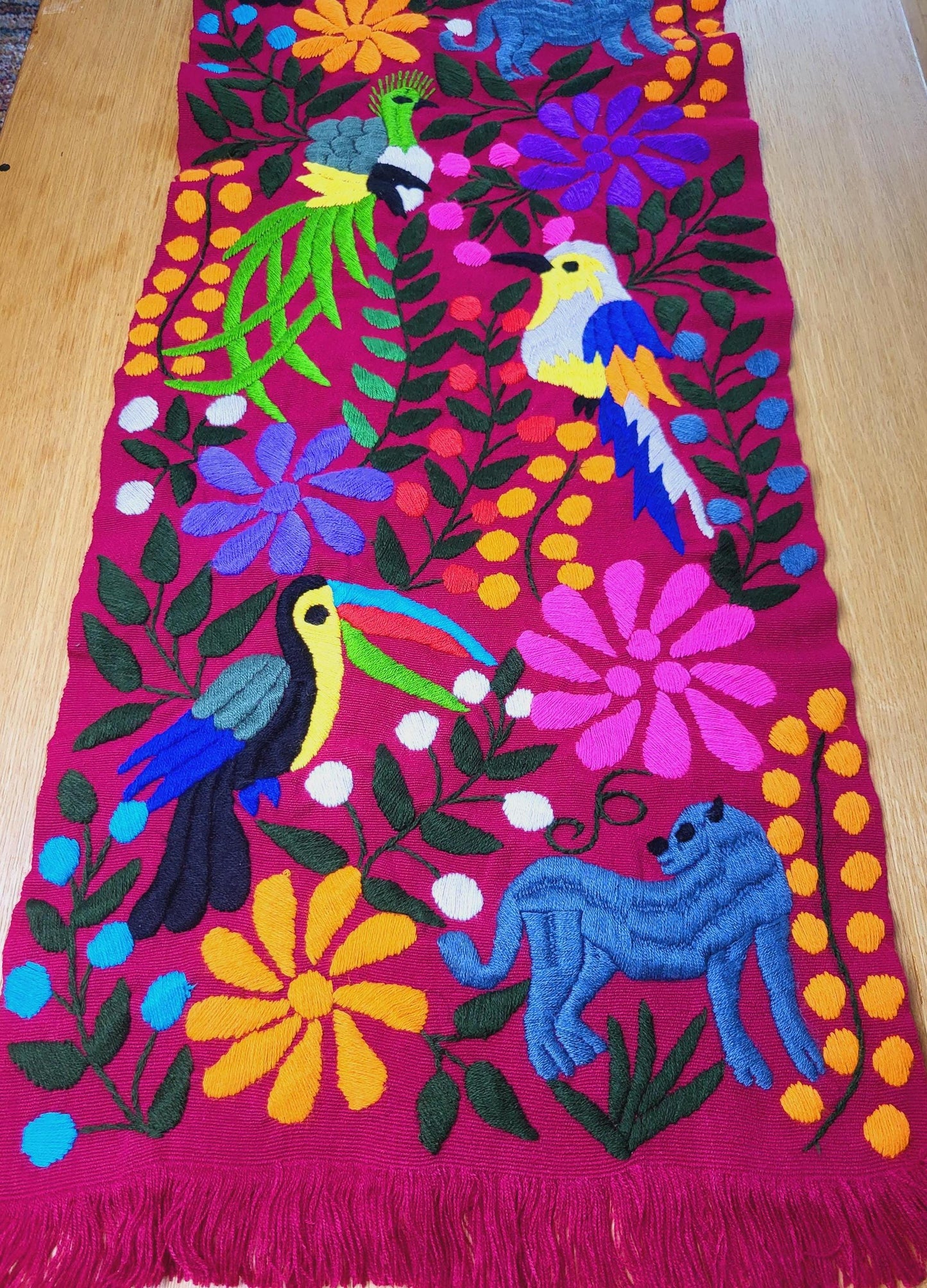 Coureur de table mexicain tissé à la main et brodé, coureur de table à motif animalier, tenture murale