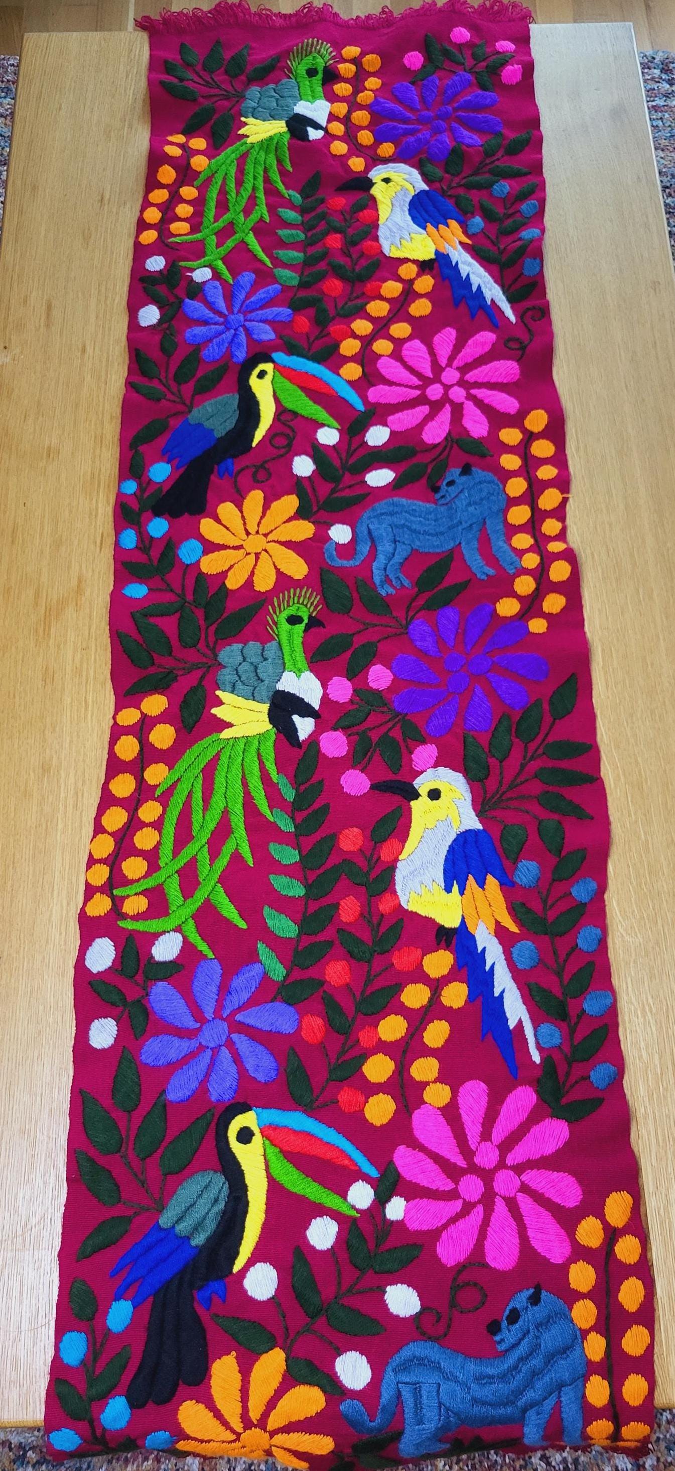 Coureur de table mexicain tissé à la main et brodé, coureur de table à motif animalier, tenture murale