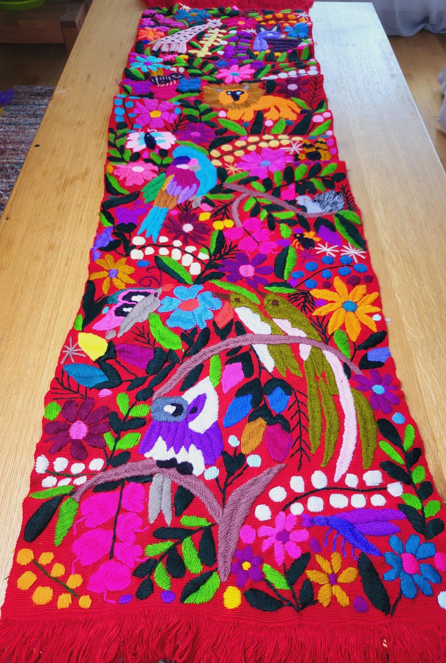 handwoven Mexican table runner, animal pattern decoration, colorful decor, blue table runner