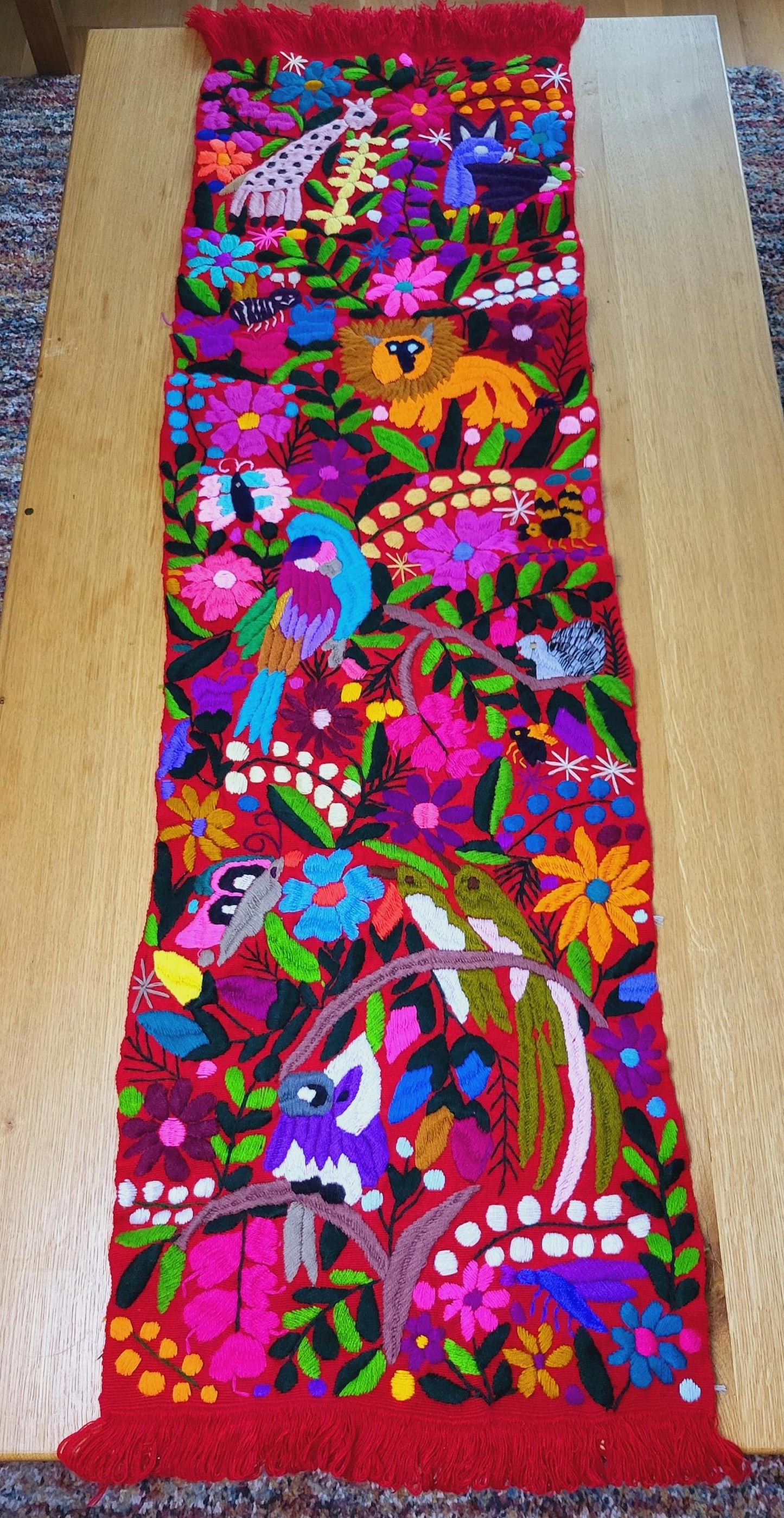 handwoven Mexican table runner, animal pattern decoration, colorful decor, blue table runner