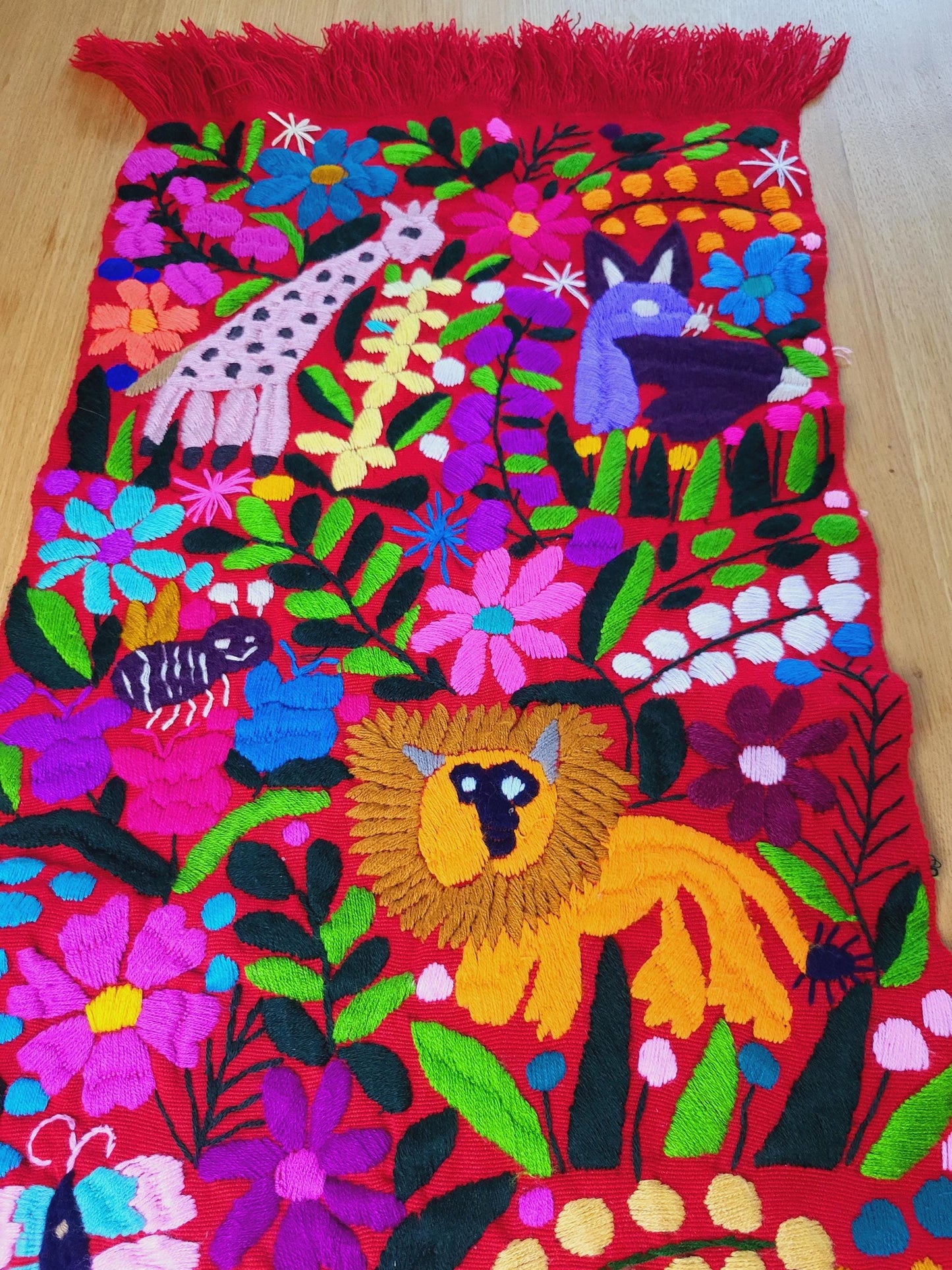 handwoven Mexican table runner, animal pattern decoration, colorful decor, blue table runner