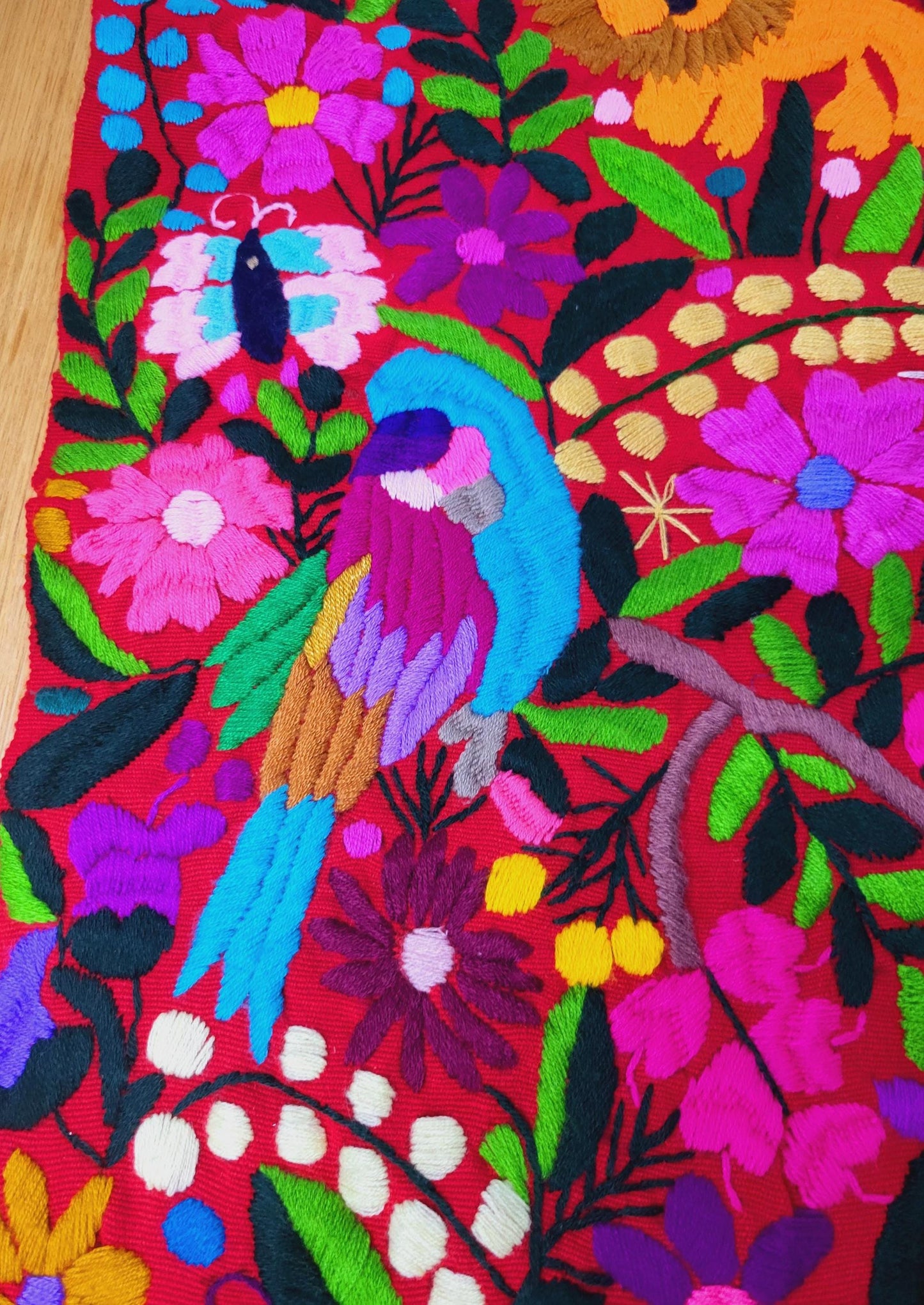 handwoven Mexican table runner, animal pattern decoration, colorful decor, blue table runner
