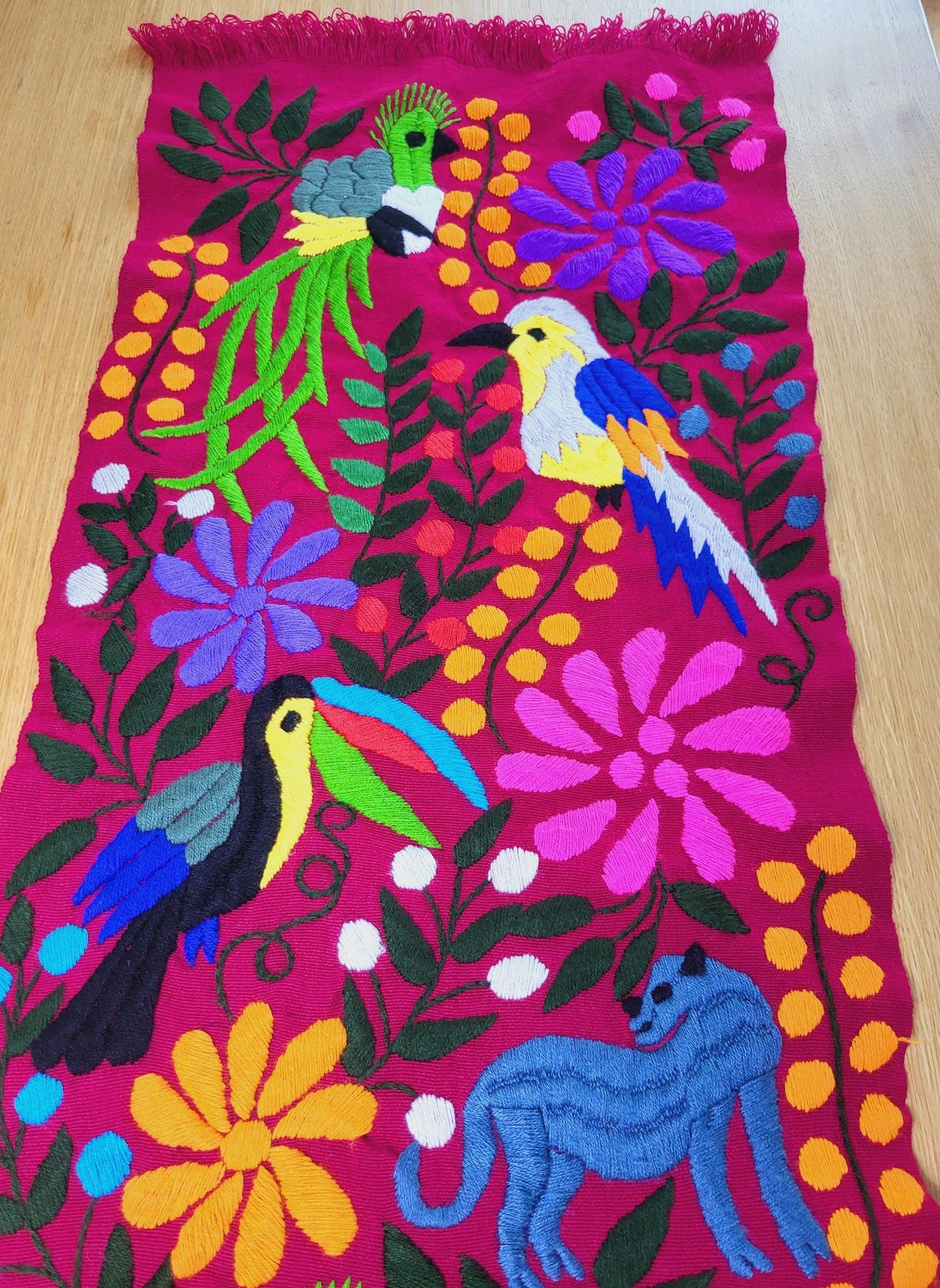 Coureur de table mexicain tissé à la main et brodé, coureur de table à motif animalier, tenture murale