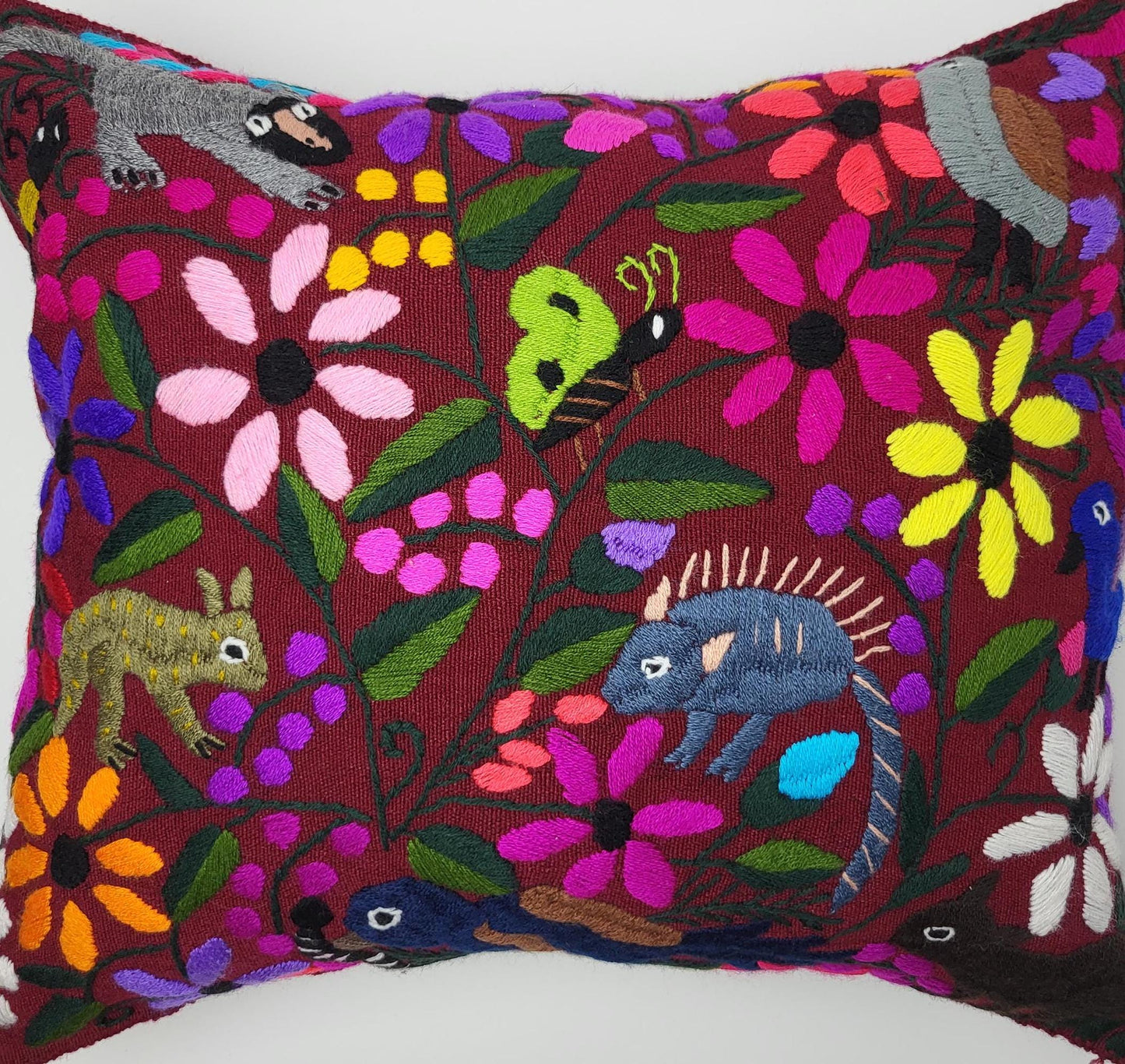 Housse de coussin fait main mexicaine, motif broderie animaux et plantes, housse de coussin bohème