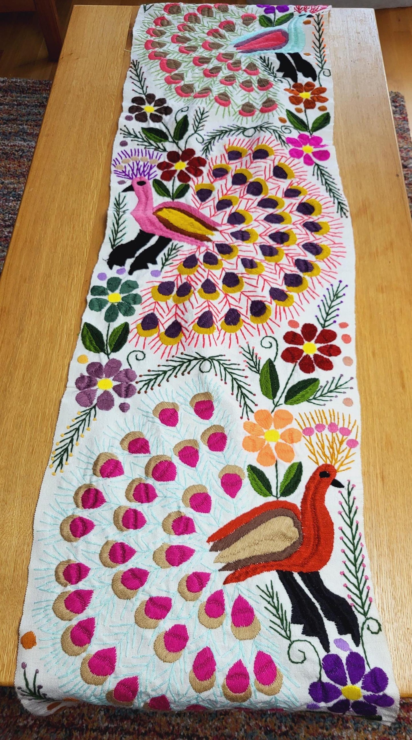 Coureur de table mexicain tissé à la main, décoration de motifs animaux, décor coloré, coureur de table bleu