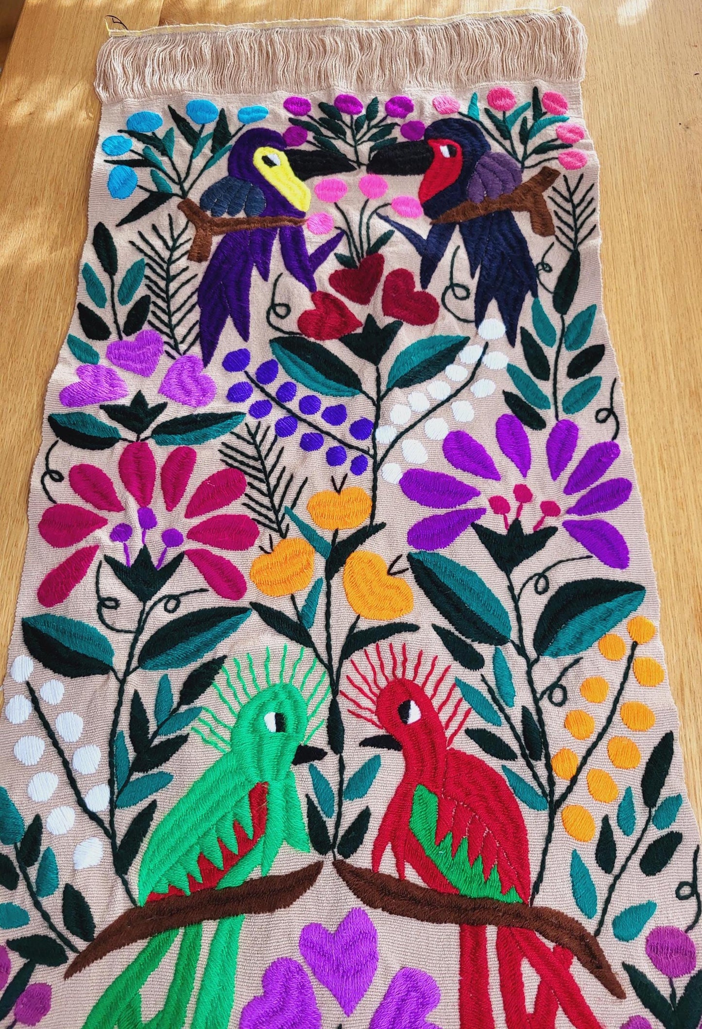 Coureur de table mexicain, tissé à la main et brodé, style Chiapas, tenture murale