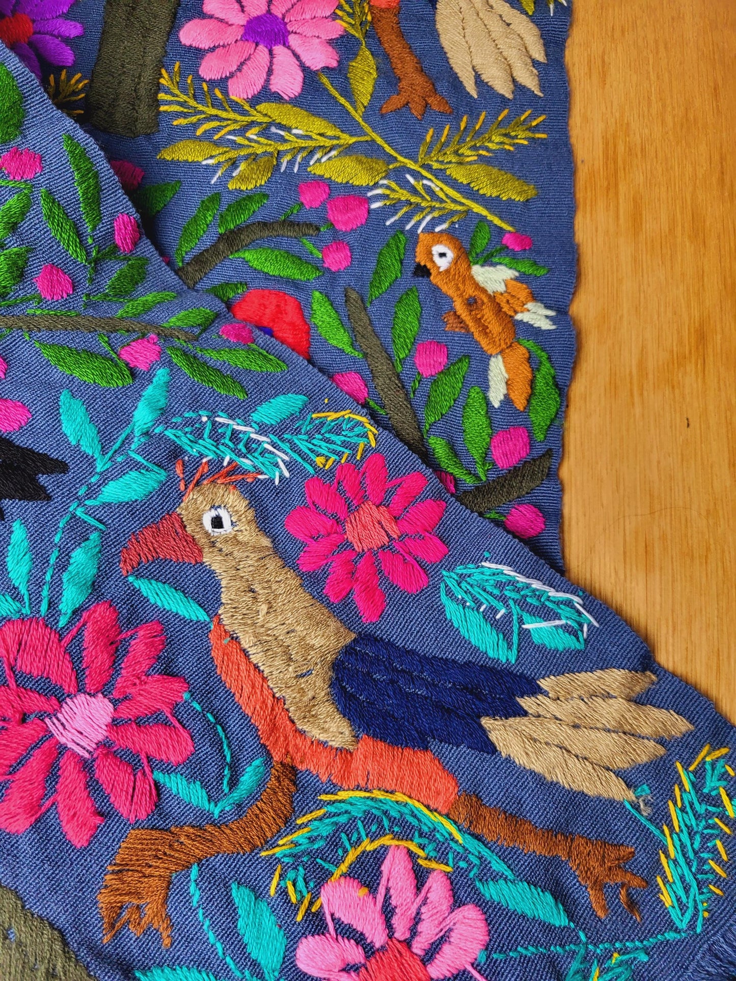 handwoven Mexican table runner, animal pattern decoration, colorful decor, blue table runner