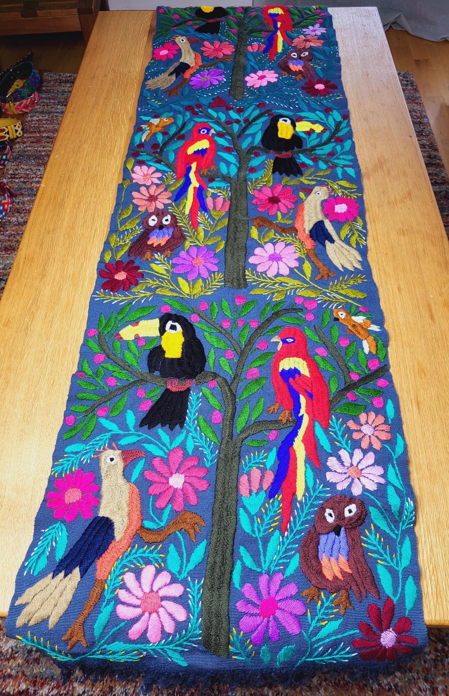 handwoven Mexican table runner, animal pattern decoration, colorful decor, blue table runner