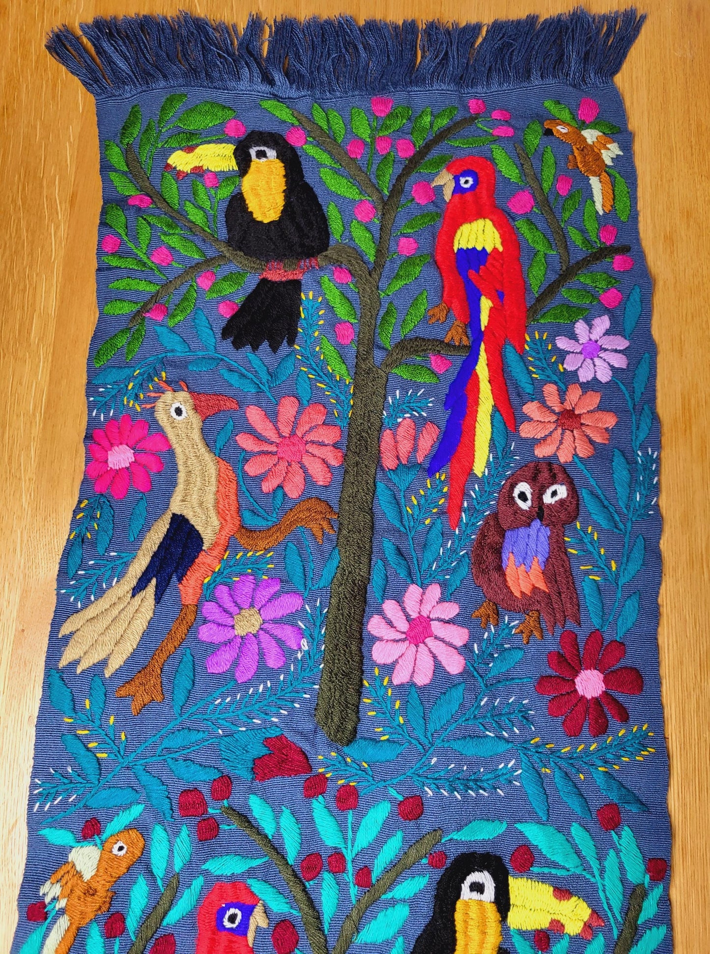 handwoven Mexican table runner, animal pattern decoration, colorful decor, blue table runner