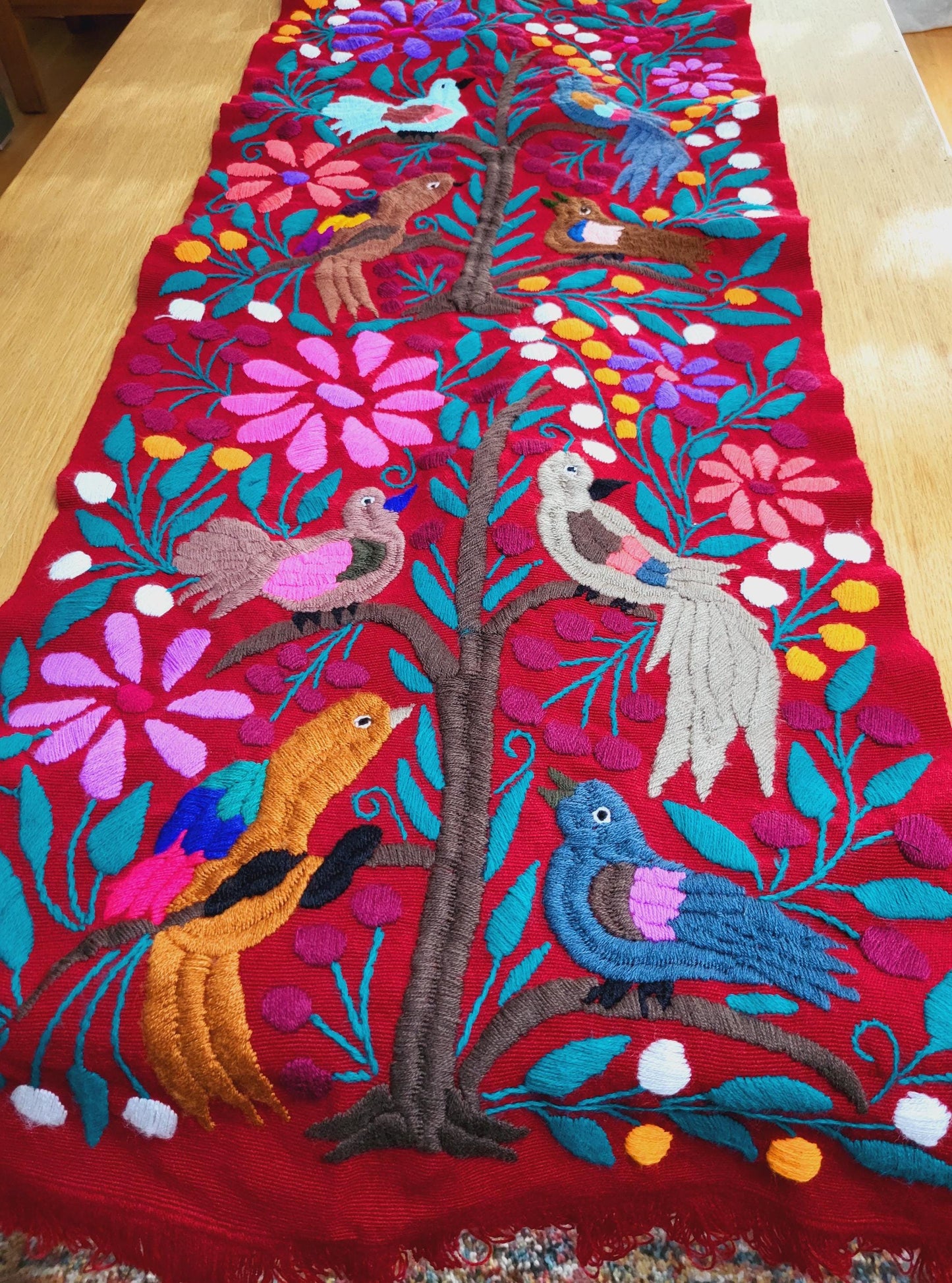 chemin de table mexicain tissé à la main, décoration à motifs animaux, décor coloré, chemin de table vert