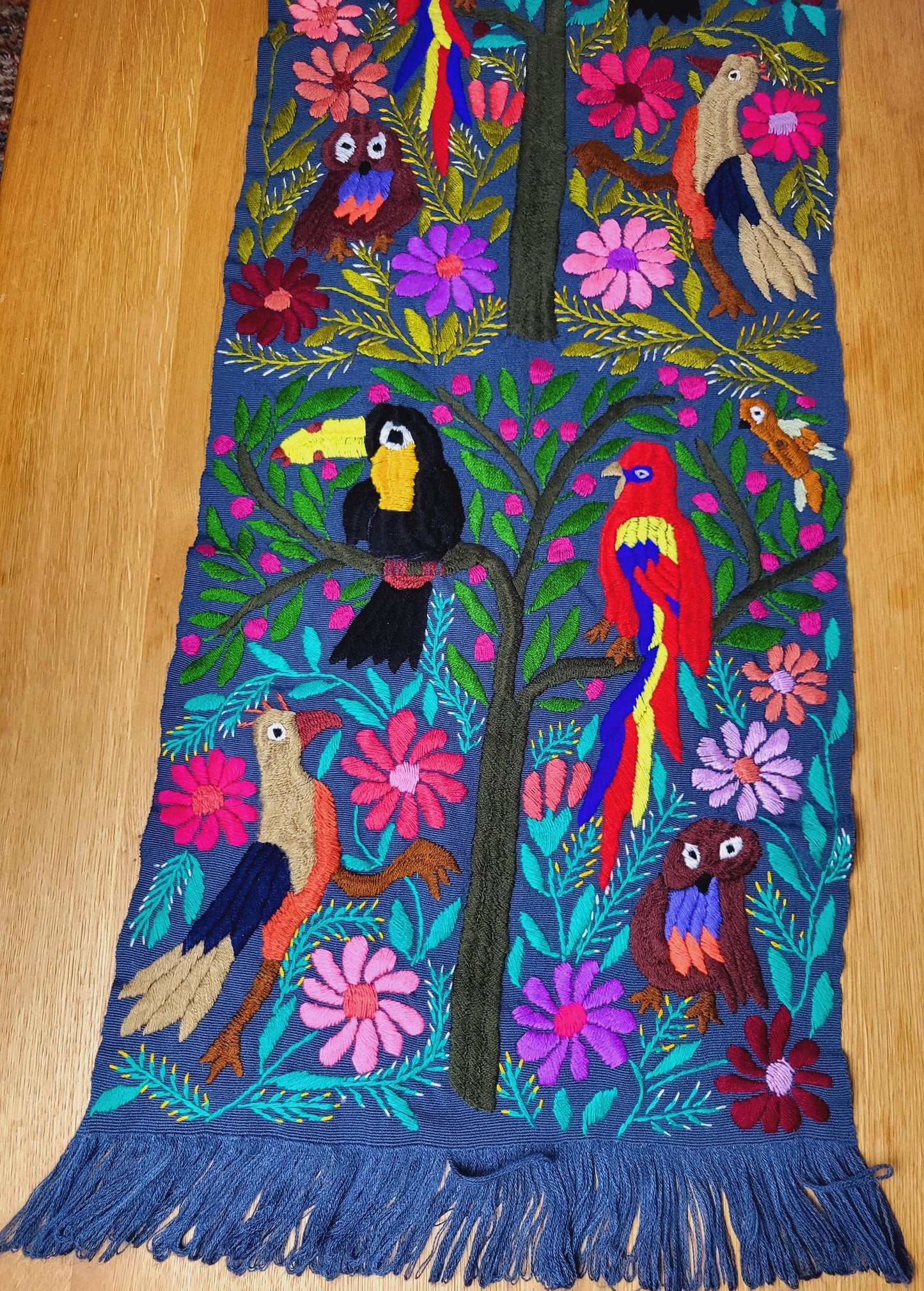 handwoven Mexican table runner, animal pattern decoration, colorful decor, blue table runner