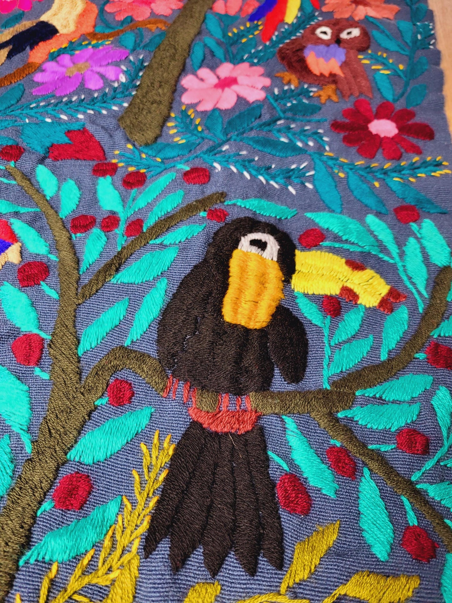 handwoven Mexican table runner, animal pattern decoration, colorful decor, blue table runner