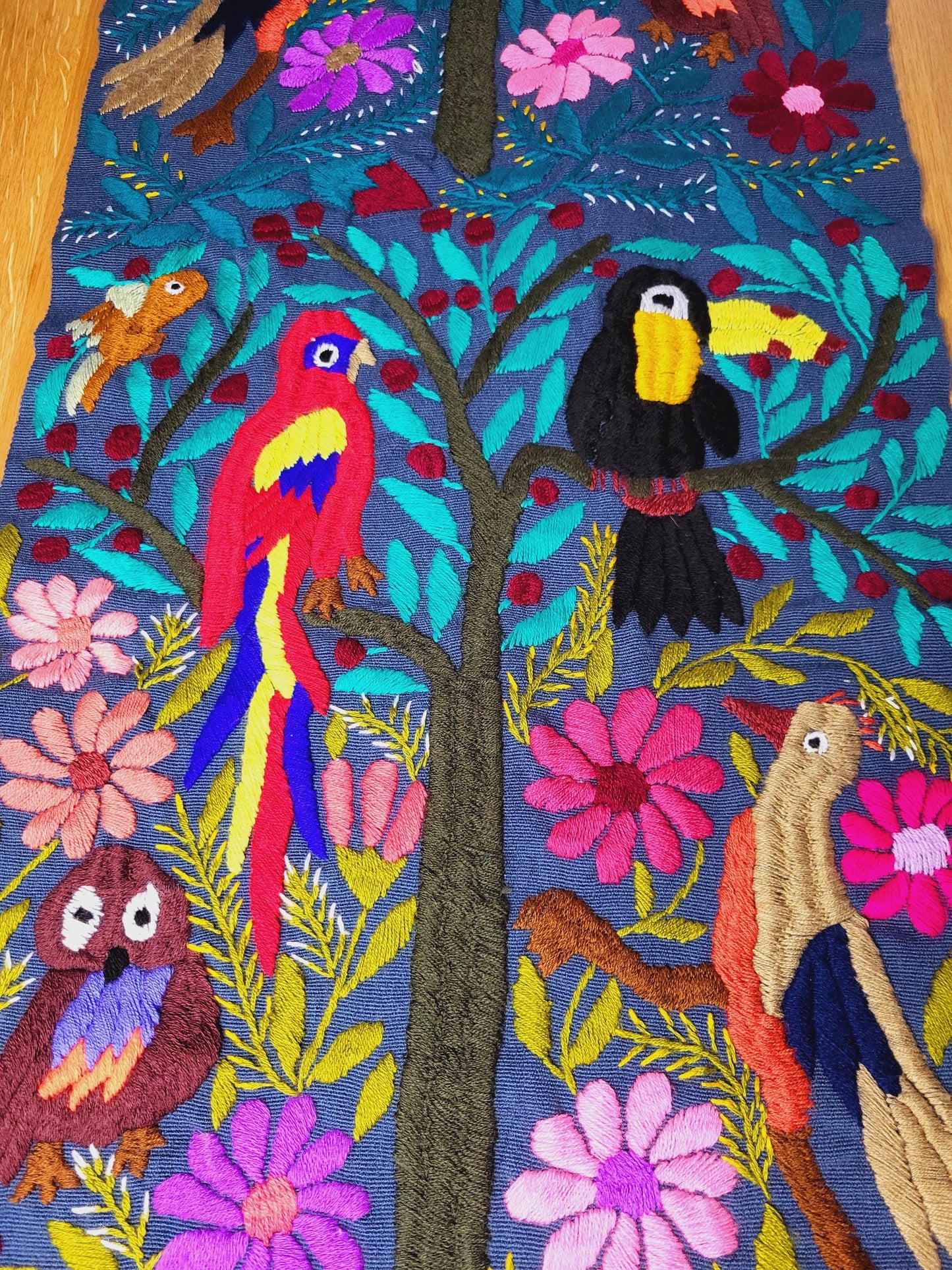 handwoven Mexican table runner, animal pattern decoration, colorful decor, blue table runner