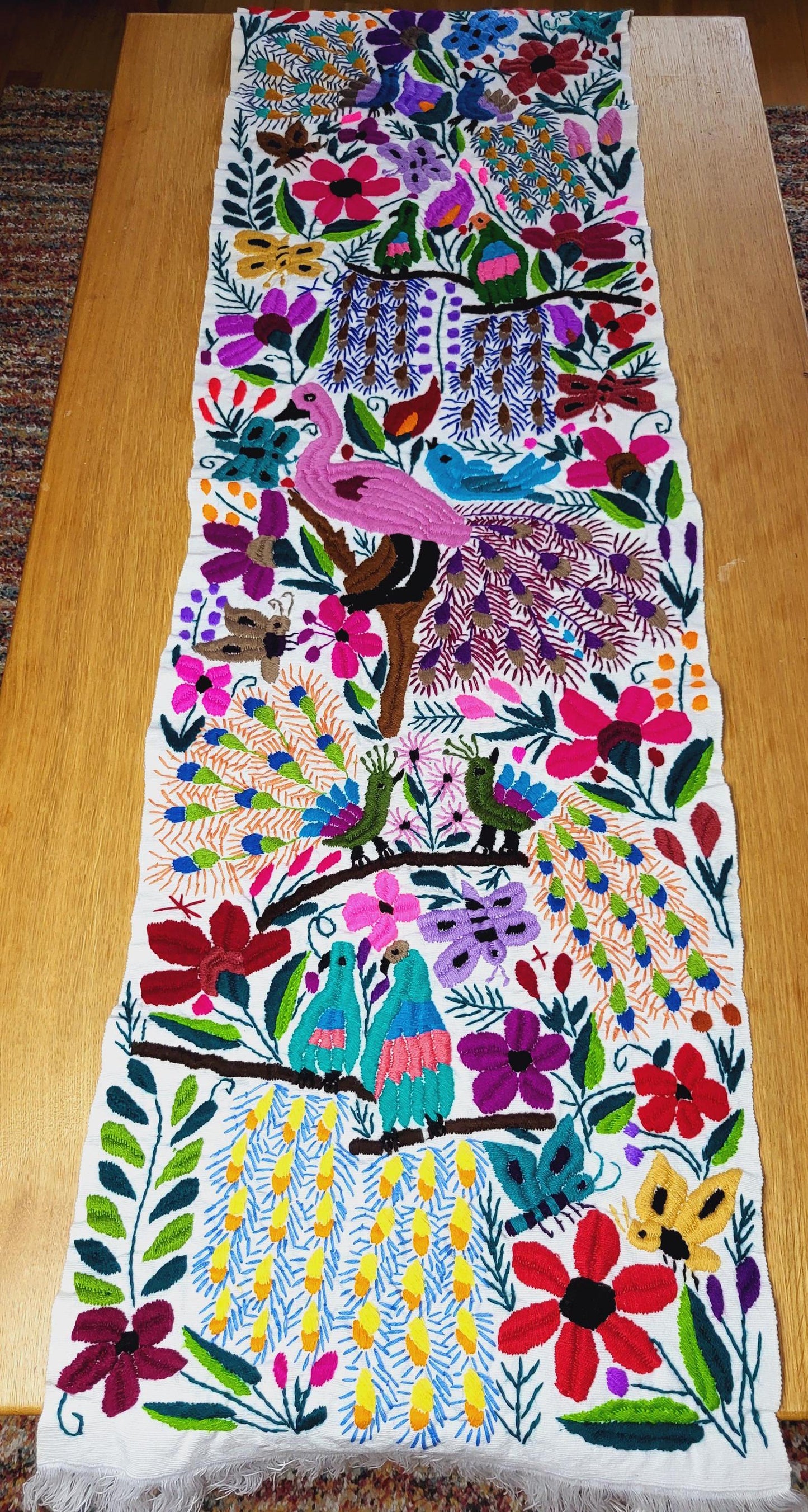 Mexican table runner and wall hanging, handwoven and embroidered, colorful animal pattern, colorful decor, weaving art
