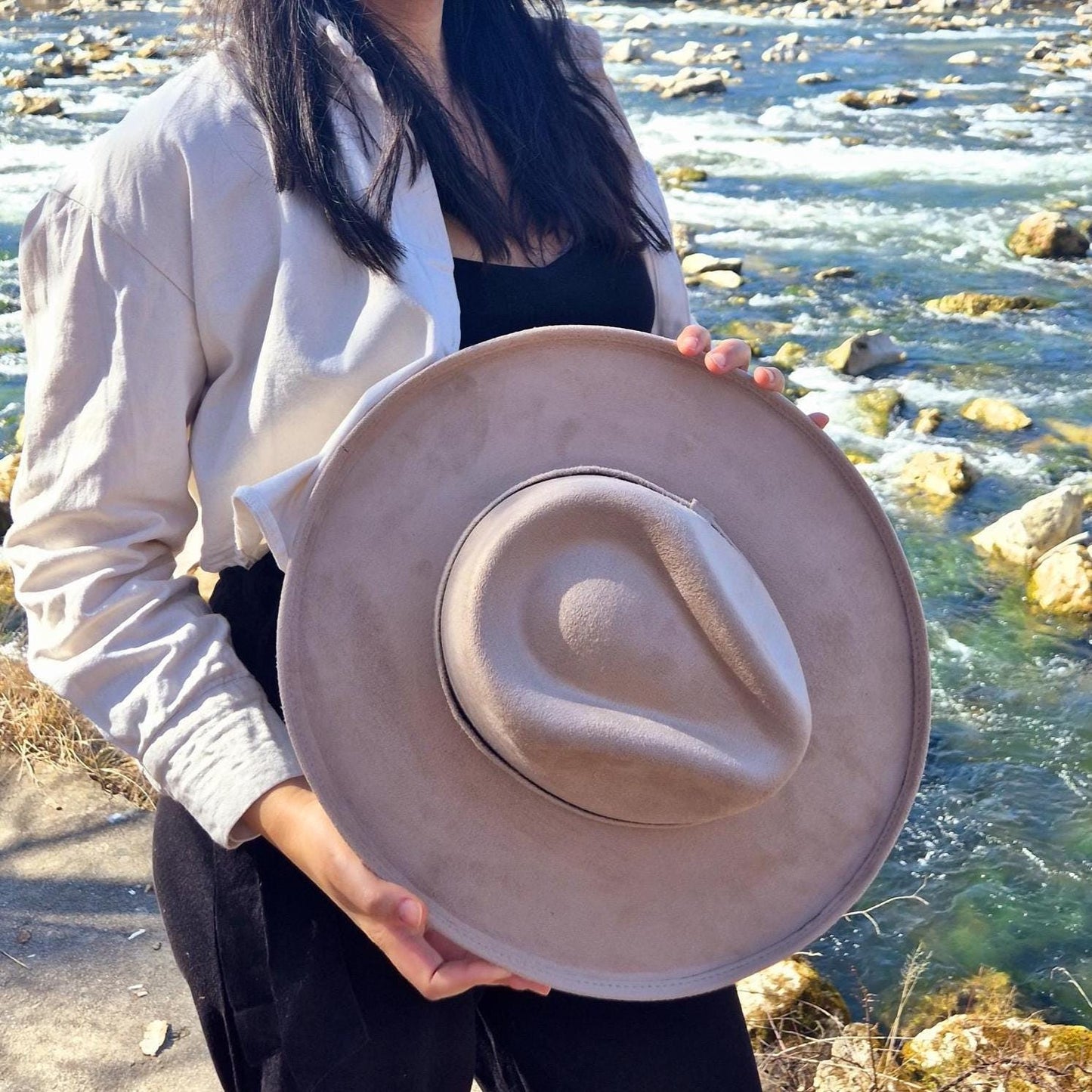 Fedora Hut, handgemachter Hut aus Mexiko, Boho Hut, Beiger Hut mit breiter gebogener Krempe