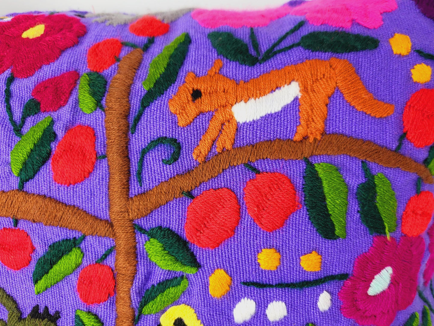 Handgestickte und gewebte mexikanische Kissenhülle mit Tiermuster – Einzigartiges Kunsthandwerk aus Mexiko