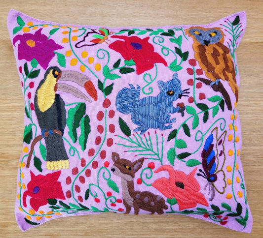 hand-embroidered pillow from Mexico Fairmex, handmade, animal print cusion