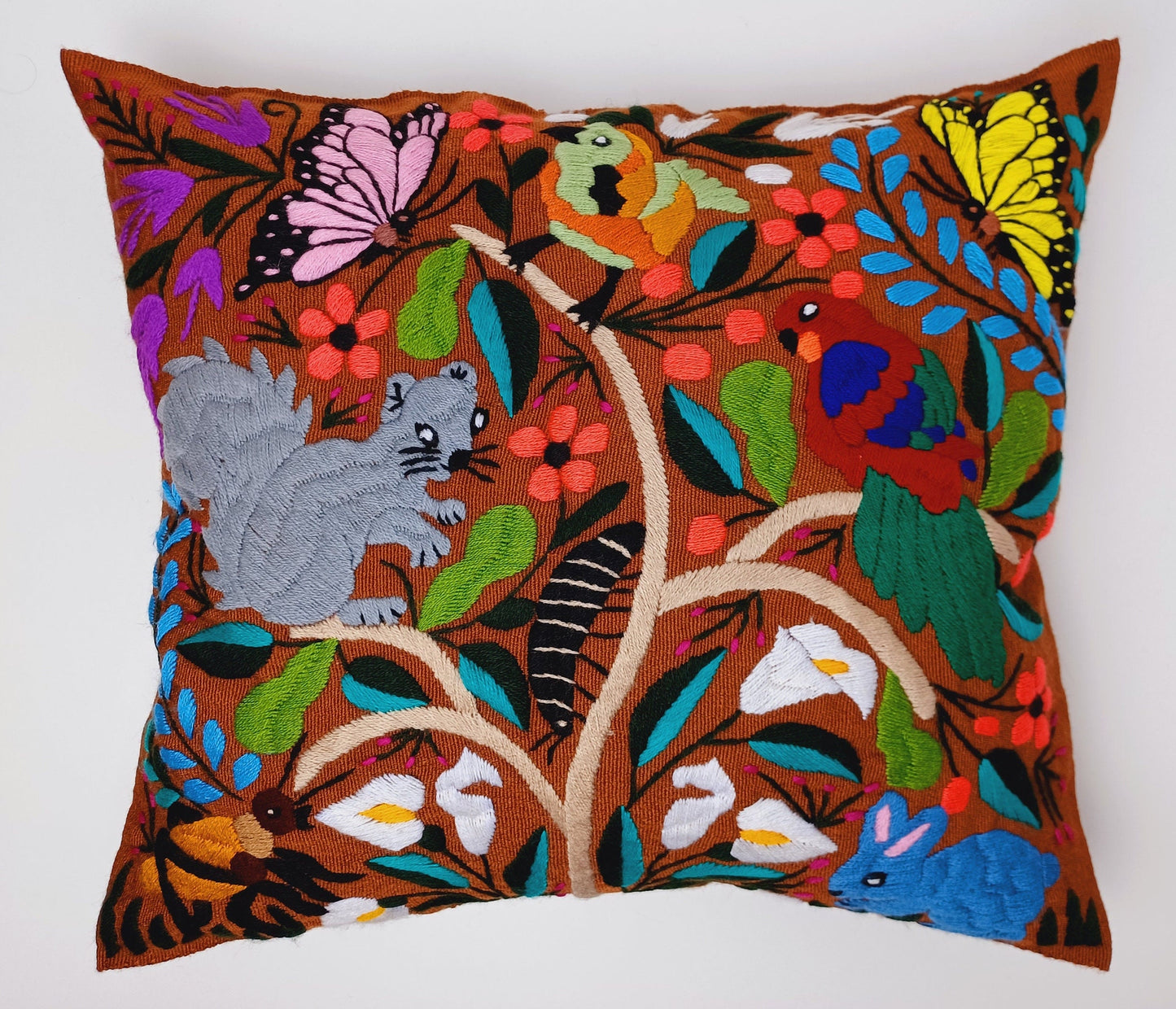 Hand-embroidered decorative pillow from Chiapas, Mexico, showcasing a vibrant animal motif that beautifully captures the region's artistic heritage.



