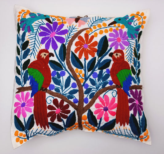 Mexican handmade pillow cover, animal and plant embroidery pattern, boho cushion cover