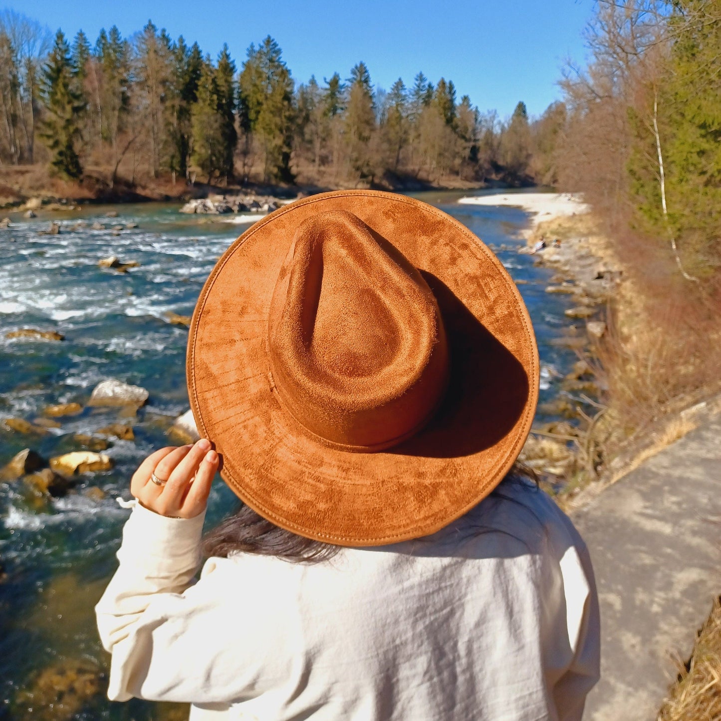 Fedora hat made of brown suede, handmade boho hat